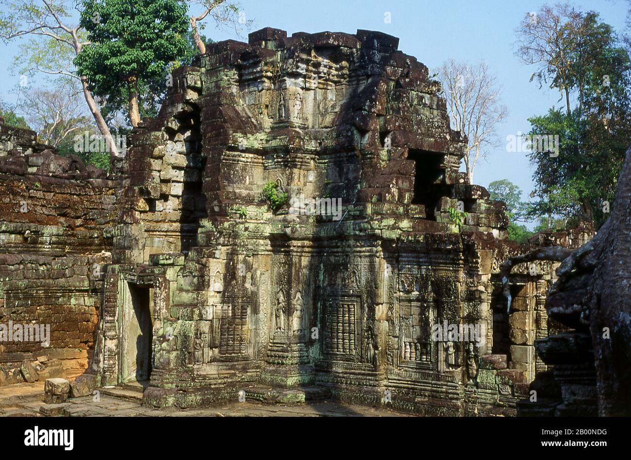 Cambogia: Preah Khan, Angkor. Preah Khan (Tempio della Spada Sacra) è stato costruito nel tardo 12 ° secolo (1191) da Jayavarman VII e si trova appena a nord di Angkor Thom. Il tempio fu costruito sul luogo della vittoria di Jayavarman VII sui Cham invasori nel 1191. Era il centro di un'organizzazione consistente, con quasi 100,000 funzionari e funzionari. Fu un'università buddista alla volta. La divinità primaria del tempio è il boddhisatva Avalokiteshvara sotto forma di padre di Jayavarman. Foto Stock