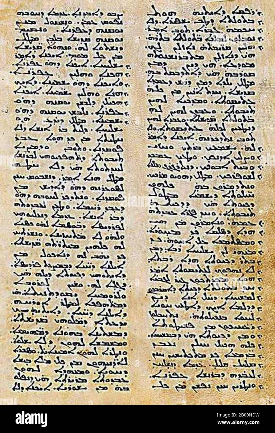 Egitto: Script Syriac. Mt. Sinai, Egitto, 9 ° c. MS in Syriac sul vellum,  dal Monastero di Santa Caterina, Monte Sinai. Il siriaco (ܠܫܢܐ ܣܘܪܝܝܐ  Leššānā Suryāyā) è un dialetto dell'Aramaico medio