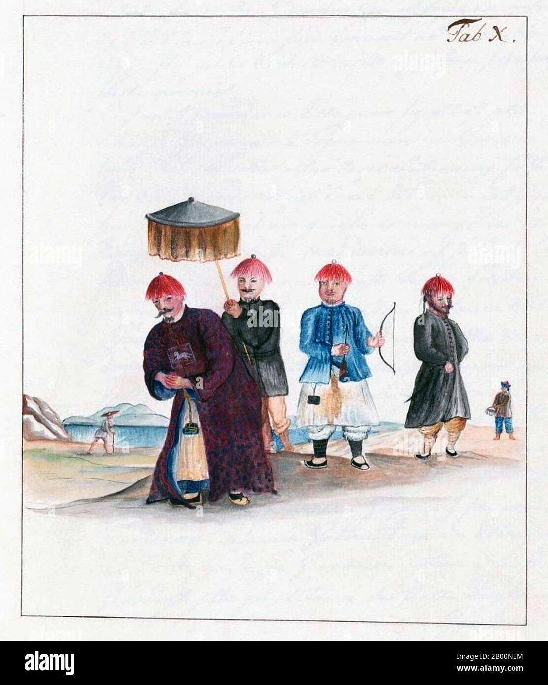 Cina: Immagini dalla Compagnia svedese delle Indie Orientali del 1746 - Mandarino e i suoi ritentori. Immagine dal diario di Carl Johan Gethe, cartografo a bordo del Gotha Leyon, che ha lasciato la Svezia in una spedizione commerciale di tre anni nel 1746. Il diario di Gethe o Dagbok è intitolato: Dagbok hallen pa resan till Ost Indien begynt den 18 octobr: 1746 och slutad den 20 juni 1749 o ‘Diario di un viaggio verso l'India orientale iniziato il 18 ottobre 1746 e terminato il 20 giugno 1749’. La SOIC (Swedish East India Company) è stata fondata a Goteborg, Svezia, nel 1731 con lo scopo di condurre gli scambi commerciali con l'Estremo Oriente. Foto Stock