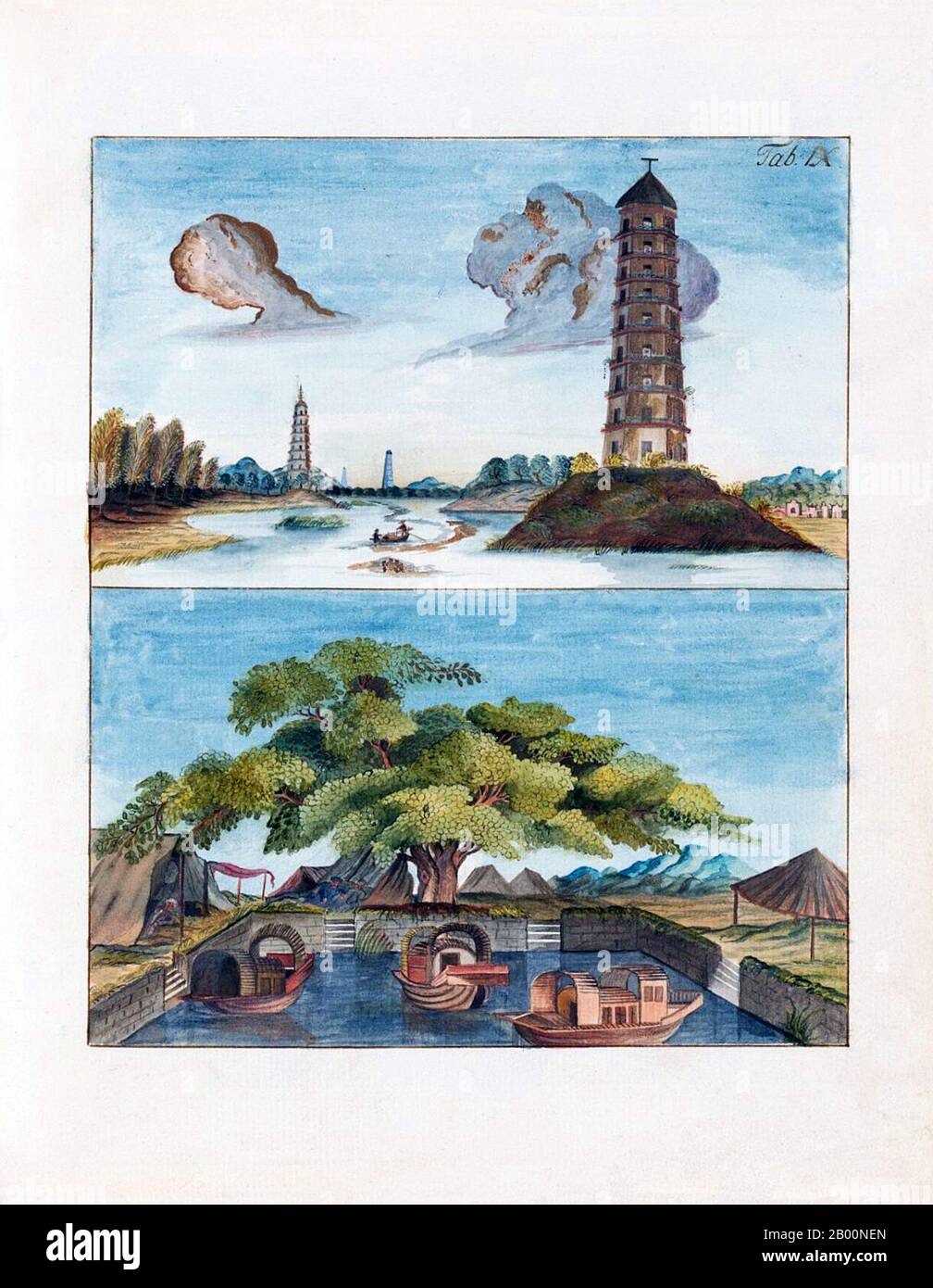 Cina: Immagini dalla Compagnia svedese delle Indie Orientali del 1746 - intorno a Guangdong. Immagine dal diario di Carl Johan Gethe, cartografo a bordo del Gotha Leyon, che ha lasciato la Svezia in una spedizione commerciale di tre anni nel 1746. Il diario di Gethe o Dagbok è intitolato: Dagbok hallen pa resan till Ost Indien begynt den 18 octobr: 1746 och slutad den 20 juni 1749 o ‘Diario di un viaggio verso l'India orientale iniziato il 18 ottobre 1746 e terminato il 20 giugno 1749’. La SOIC (Swedish East India Company) è stata fondata a Goteborg, Svezia, nel 1731 con lo scopo di condurre gli scambi commerciali con l'Estremo Oriente. Chiuso nel 1813. Foto Stock