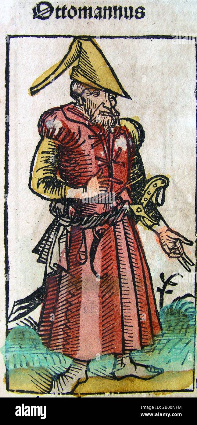 Germania: 'Un turco ottomano'. La cronaca di Norimberga, di Hartmann Schedel (1440-1514), 1493. La Cronaca di Norimberga è una storia del mondo illustrata. La sua struttura segue la storia della storia umana come related nella Bibbia, compreso le storie di un certo numero di città occidentali importanti. Scritto in latino da Hartmann Schedel, con una versione in tedesco di Georg Alt, è apparso nel 1493. Si tratta di uno dei libri stampati in anticipo meglio documentati. È classificato come un incunabolo, un libro, un opuscolo, o un'ampia diffusione che è stato stampato (non scritto a mano) prima dell'anno 1501 in Europa. Foto Stock