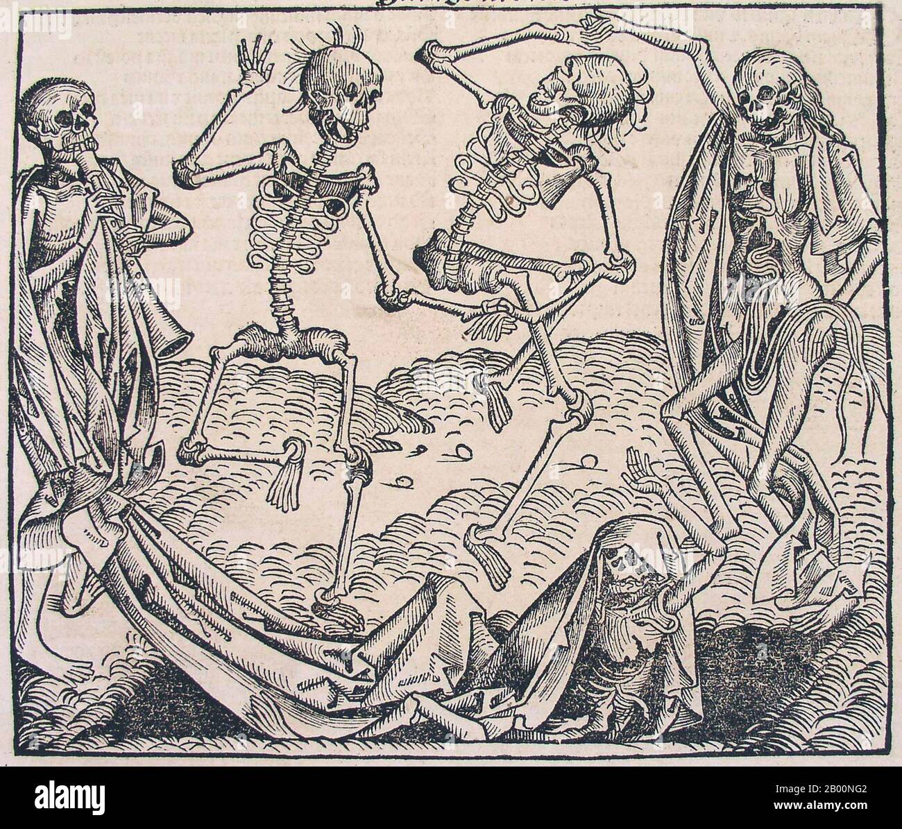 Germania: 'La Danza della morte'. La cronaca di Norimberga, di Hartmann Schedel (1440-1514), 1493. La Cronaca di Norimberga è una storia del mondo illustrata. La sua struttura segue la storia della storia umana come related nella Bibbia, compreso le storie di un certo numero di città occidentali importanti. Scritto in latino da Hartmann Schedel, con una versione in tedesco di Georg Alt, è apparso nel 1493. Si tratta di uno dei libri stampati in anticipo meglio documentati. È classificato come un incunabolo, un libro, un opuscolo, o un'ampia diffusione che è stato stampato (non scritto a mano) prima dell'anno 1501 in Europa. Foto Stock