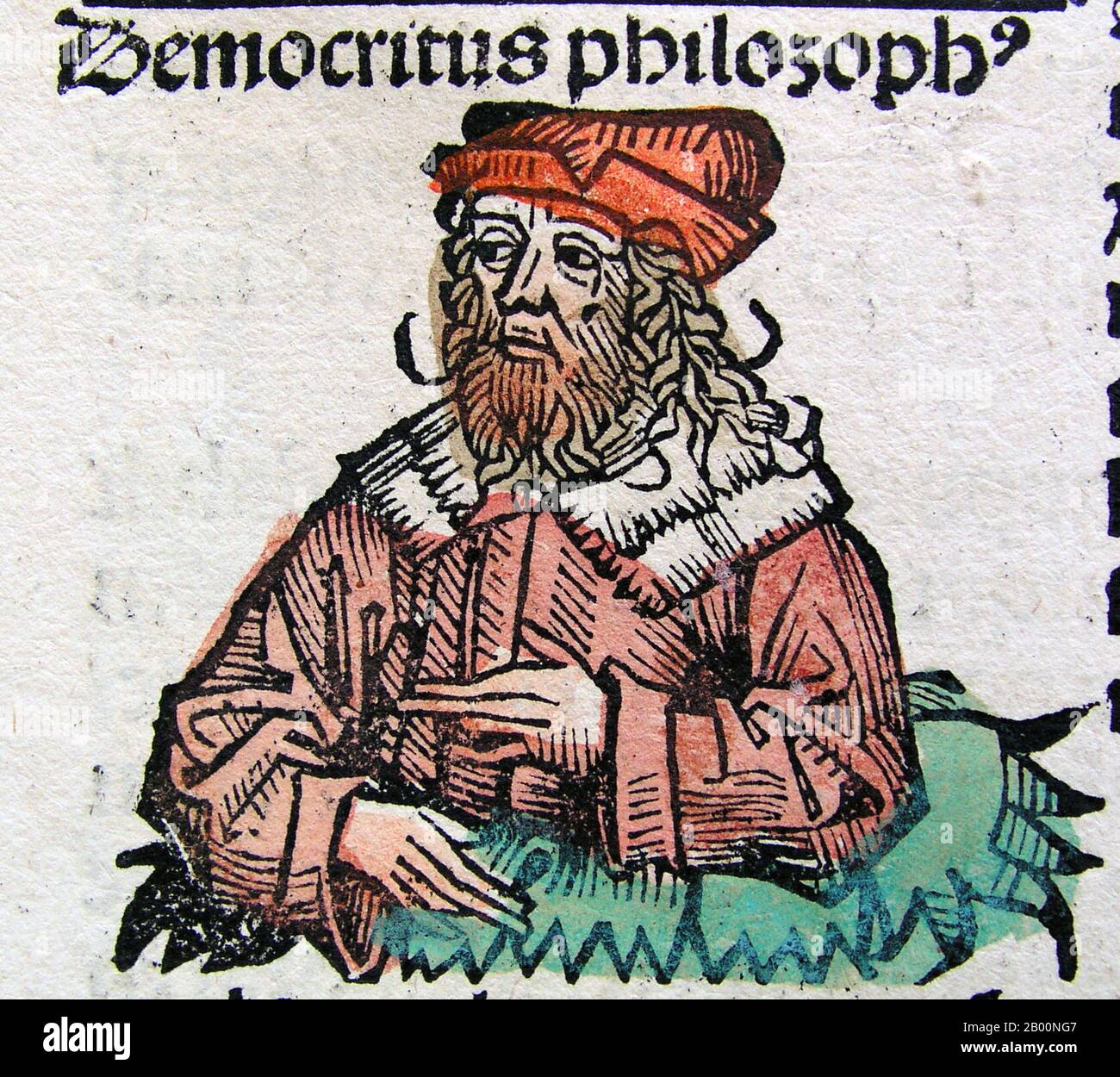 Germania: 'DEMOCRito'. La cronaca di Norimberga, di Hartmann Schedel (1440-1514), 1493. La Cronaca di Norimberga è una storia del mondo illustrata. La sua struttura segue la storia della storia umana come related nella Bibbia, compreso le storie di un certo numero di città occidentali importanti. Scritto in latino da Hartmann Schedel, con una versione in tedesco di Georg Alt, è apparso nel 1493. Si tratta di uno dei libri stampati in anticipo meglio documentati. È classificato come un incunabolo, un libro, un opuscolo, o un'ampia diffusione che è stato stampato (non scritto a mano) prima dell'anno 1501 in Europa. Foto Stock