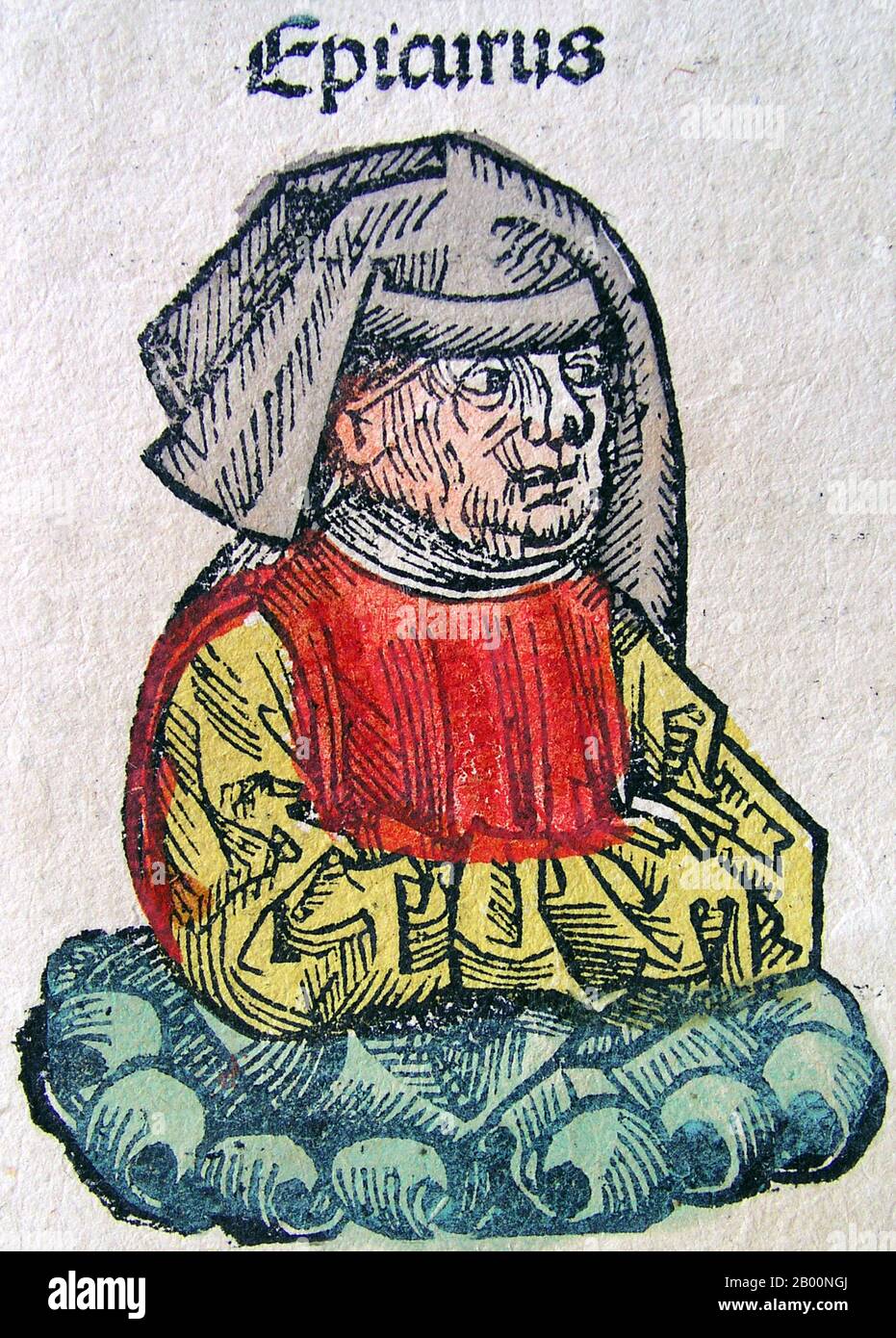 Germania: Epicurus. La cronaca di Norimberga, di Hartmann Schedel (1440-1514), 1493. La Cronaca di Norimberga è una storia del mondo illustrata. La sua struttura segue la storia della storia umana come related nella Bibbia, compreso le storie di un certo numero di città occidentali importanti. Scritto in latino da Hartmann Schedel, con una versione in tedesco di Georg Alt, è apparso nel 1493. Si tratta di uno dei libri stampati in anticipo meglio documentati. È classificato come un incunabolo, un libro, un opuscolo, o un'ampia diffusione che è stato stampato (non scritto a mano) prima dell'anno 1501 in Europa. Foto Stock