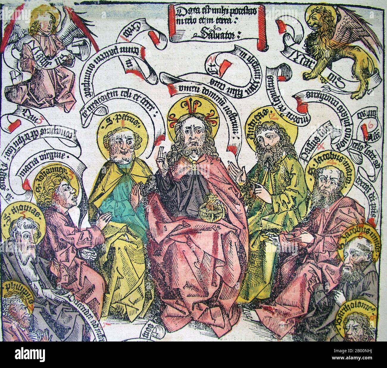 Germania: 'Gesù intronizzato come salvatore'. La cronaca di Norimberga, di Hartmann Schedel (1440-1514), 1493. La Cronaca di Norimberga è una storia del mondo illustrata. La sua struttura segue la storia della storia umana come related nella Bibbia, compreso le storie di un certo numero di città occidentali importanti. Scritto in latino da Hartmann Schedel, con una versione in tedesco di Georg Alt, è apparso nel 1493. Si tratta di uno dei libri stampati in anticipo meglio documentati. È classificato come un incunabolo, un libro, un opuscolo, o un'ampia diffusione che è stato stampato (non scritto a mano) prima dell'anno 1501 in Europa. Foto Stock