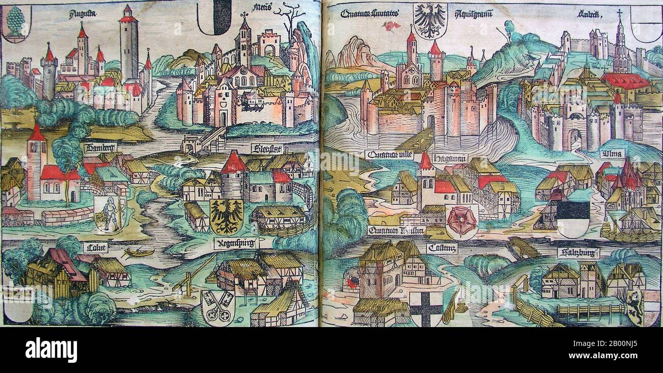 Germania: 'Regni del Sacro Romano Impero della Nazione tedesca'. La cronaca di Norimberga, di Hartmann Schedel (1440-1514), 1493. La Cronaca di Norimberga è una storia del mondo illustrata. La sua struttura segue la storia della storia umana come related nella Bibbia, compreso le storie di un certo numero di città occidentali importanti. Scritto in latino da Hartmann Schedel, con una versione in tedesco di Georg Alt, è apparso nel 1493. Si tratta di uno dei libri stampati in anticipo meglio documentati. È classificato come un incunabolo, un libro che è stato stampato (non manoscritto) prima del 1501 in Europa. Foto Stock