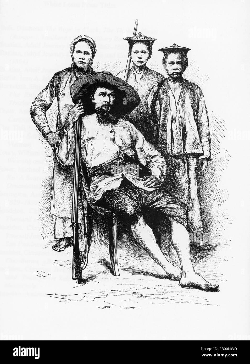 Laos: Dr Paul Neis con tre dei suoi compagni di viaggio. Incisione di un artista sconosciuto, c. 1882-1884. Paul Neis ha intrapreso una missione scientifica a Cochinchina e Laos per conto del ministro francese dell'Istruzione pubblica. Tornò a Bangkok per via di Chiang mai e della Thailandia del nord. La sua missione durò 19 mesi tra il 1882 e il 1884. Foto Stock