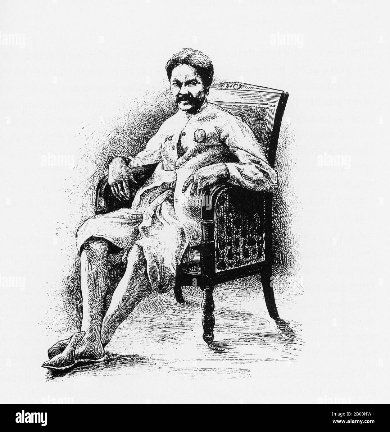 Cambogia: Il re di Bassac. Incisione di un artista sconosciuto, c. 1882-1884. Paul Neis ha intrapreso una missione scientifica a Cochinchina e Laos per conto del ministro francese dell'Istruzione pubblica. Tornò a Bangkok per via di Chiang mai e della Thailandia del nord. La sua missione durò 19 mesi tra il 1882 e il 1884. Foto Stock