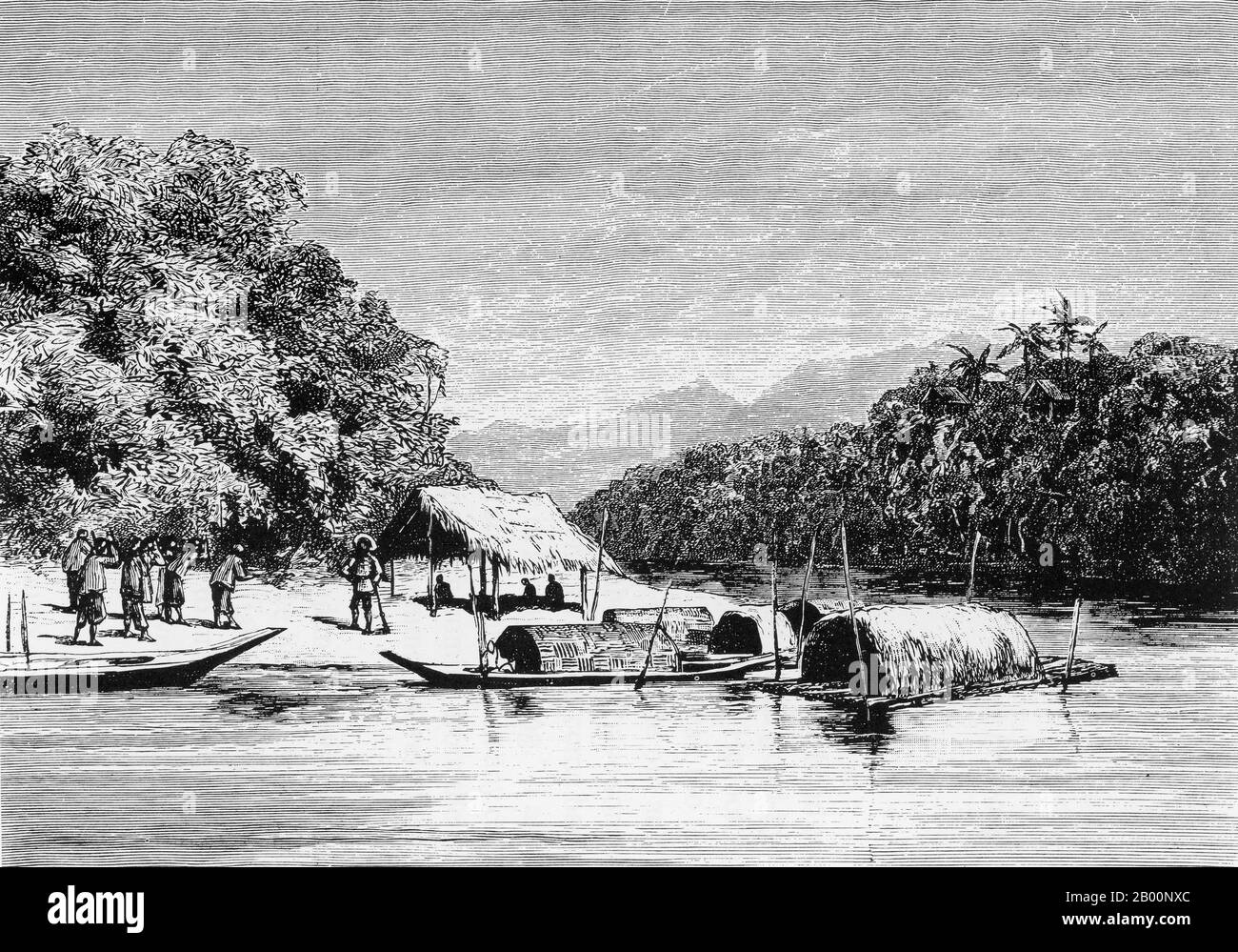 Laos: Incontro in riva al fiume con un ufficiale del Laos. Incisione di un artista sconosciuto, c. 1882-1884. Paul Neis ha intrapreso una missione scientifica a Cochinchina e Laos per conto del ministro francese dell'Istruzione pubblica. Tornò a Bangkok per via di Chiang mai e della Thailandia del nord. La sua missione durò 19 mesi tra il 1882 e il 1884. Foto Stock