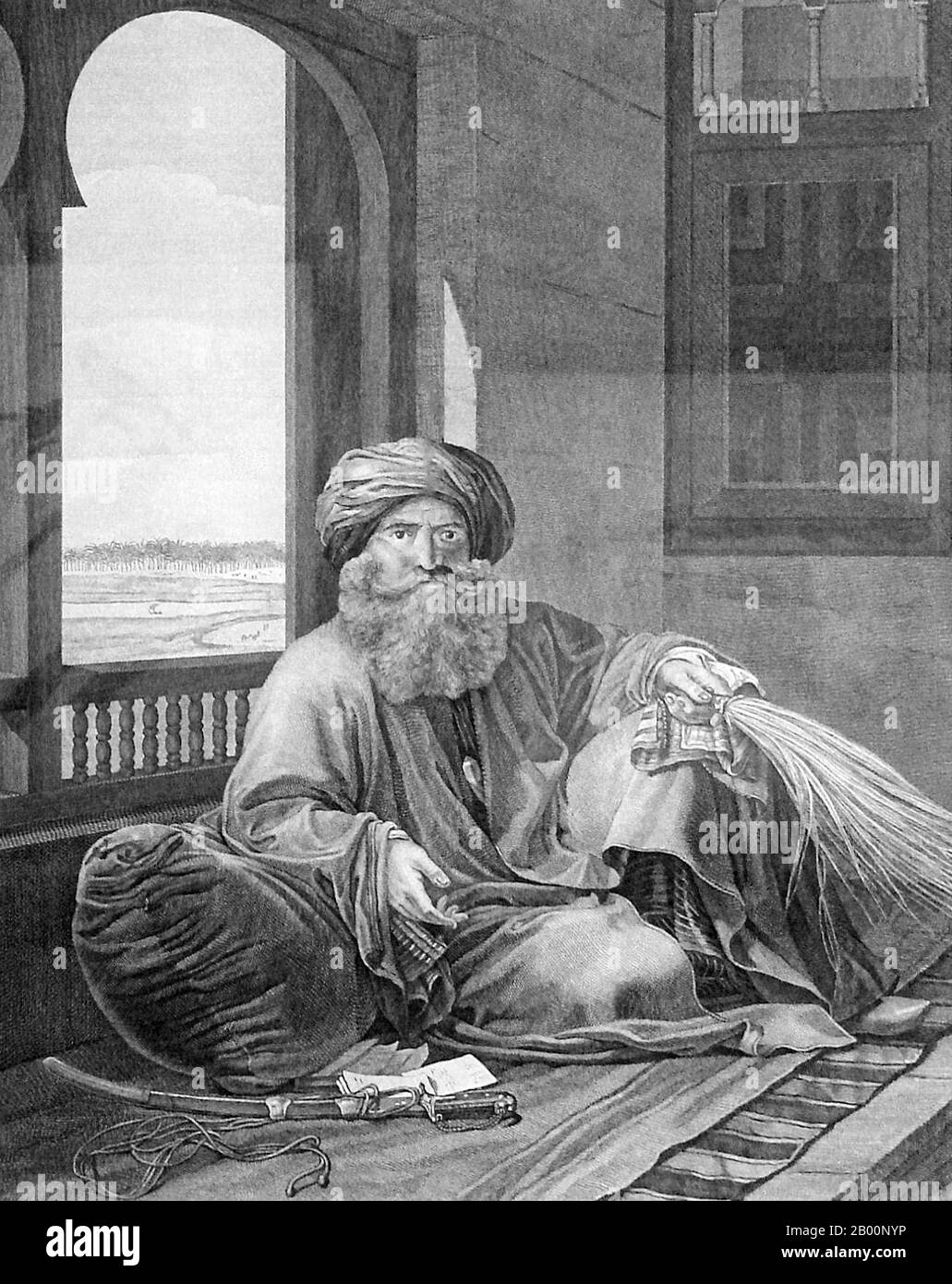 Egitto/Francia: Murad Bey (1750 – 1801). Illustrazione di André Dutertre (1753-1842), 1809. Murad Bey (c.. 1750 – 1801) è stato un capo egiziano di Mamluk (Bey), comandante di cavalleria e capo congiunto dell'Egitto con Ibrahim Bey. Era di origine georgiana essendo nato a Tbilisi. In seguito alla sua sconfitta per mano degli eserciti di Napoleone nella Battaglia delle Piramidi, Murad fuggì nell'Alto Egitto, montando una breve campagna di guerriglia che ha messo in salvo Desaix per un anno. Nel 1800, Murad fece pace con Jean Baptiste Kléber, e accettò di guarnire il Cairo, ma morì di peste bubbonica durante il viaggio. Foto Stock