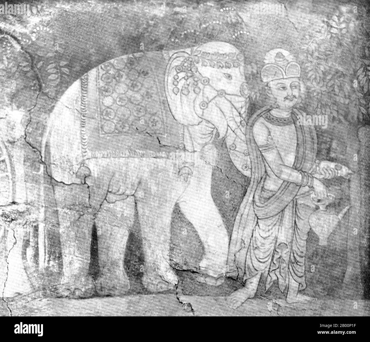 Cina: Pittura di Vishvantara che offre un elefante bianco, Miran, Xinjiang. In tempi antichi Miran era un trafficato centro commerciale sulla parte meridionale della Via della Seta, dopo che il percorso si è diviso in due (la rotta nord e la rotta sud), come carovane mercantili cercato di sfuggire viaggio attraverso la aspre terre desolate (Chiamato dai cinesi 'il mare della morte') e il bacino di Tarim. Andarono girando intorno al suo bordo nord o sud. Era anche un fiorente centro del buddismo, con molti monasteri e stupa. Marc Aurel Stein è stato il primo archeologo a studiare a fondo le rovine nel 1907. Foto Stock