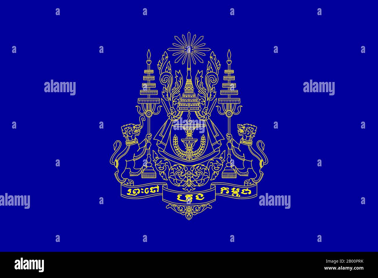 Cambogia: Standard reale del re di Cambogia (1993 - continua). Sodcan (licenza CC PER 2.0). Lo standard reale della Cambogia porta lo stemma reale su un campo blu scuro. Sullo stemma sono raffigurati due animali che sono un gajasingha (un leone con un tronco di elefante) a sinistra, e un singha, o un leone, a destra. Supportati dagli animali sono due ombrelli reali a cinque piani. Nel mezzo c'è una corona reale con un raggio di luce in cima. Foto Stock