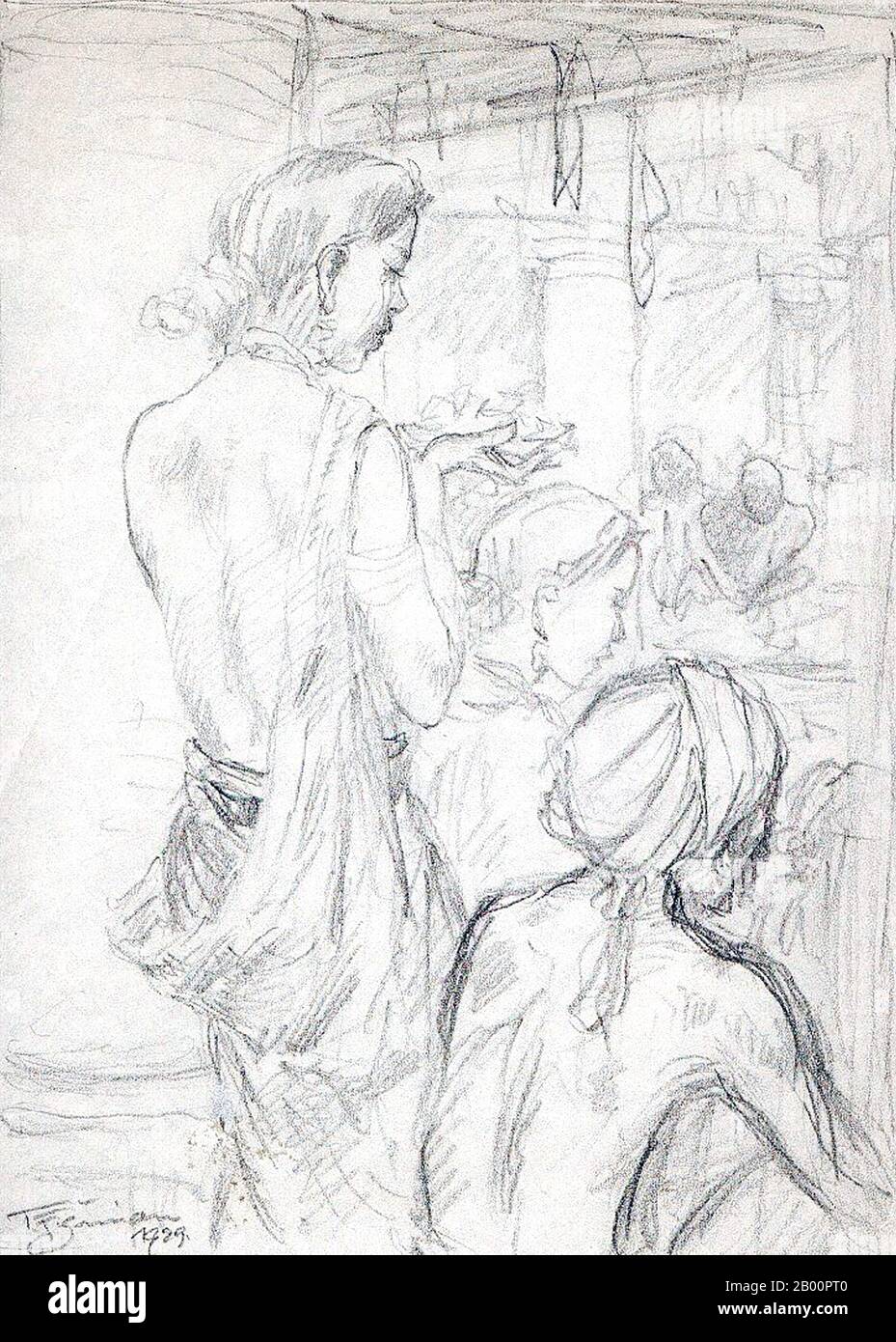 Sri Lanka: Scena in un tempio buddista in Sri Lanka, 1929. Disegno bianco e nero di Tavik Frantisek Simon (1877-1942), 1929. Foto Stock