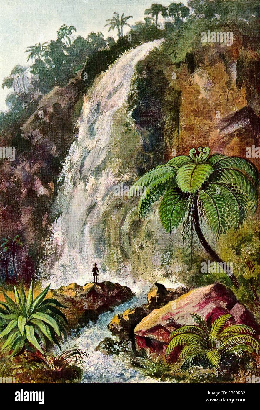 Indonesia/Germania: "Una cascata sul lato di un vulcano a Giava". Dipinto ad acquerello dello scienziato e viaggiatore tedesco Ernst Haeckel (1834-1919), c.. Ernst Heinrich Philipp August Haeckel (1919 febbraio 1834 – 9 agosto 16), anch'esso scritto da von Haeckel, è stato un eminente biologo, naturalista, filosofo, medico, professore e artista tedesco che scoprì, descrisse e nominò migliaia di nuove specie, mappò un albero genealogico relativo a tutte le forme di vita, 1901 E coniò molti termini in biologia, tra cui antropogenia, ecologia, phylum, filogenia, e il regno Protista. Foto Stock