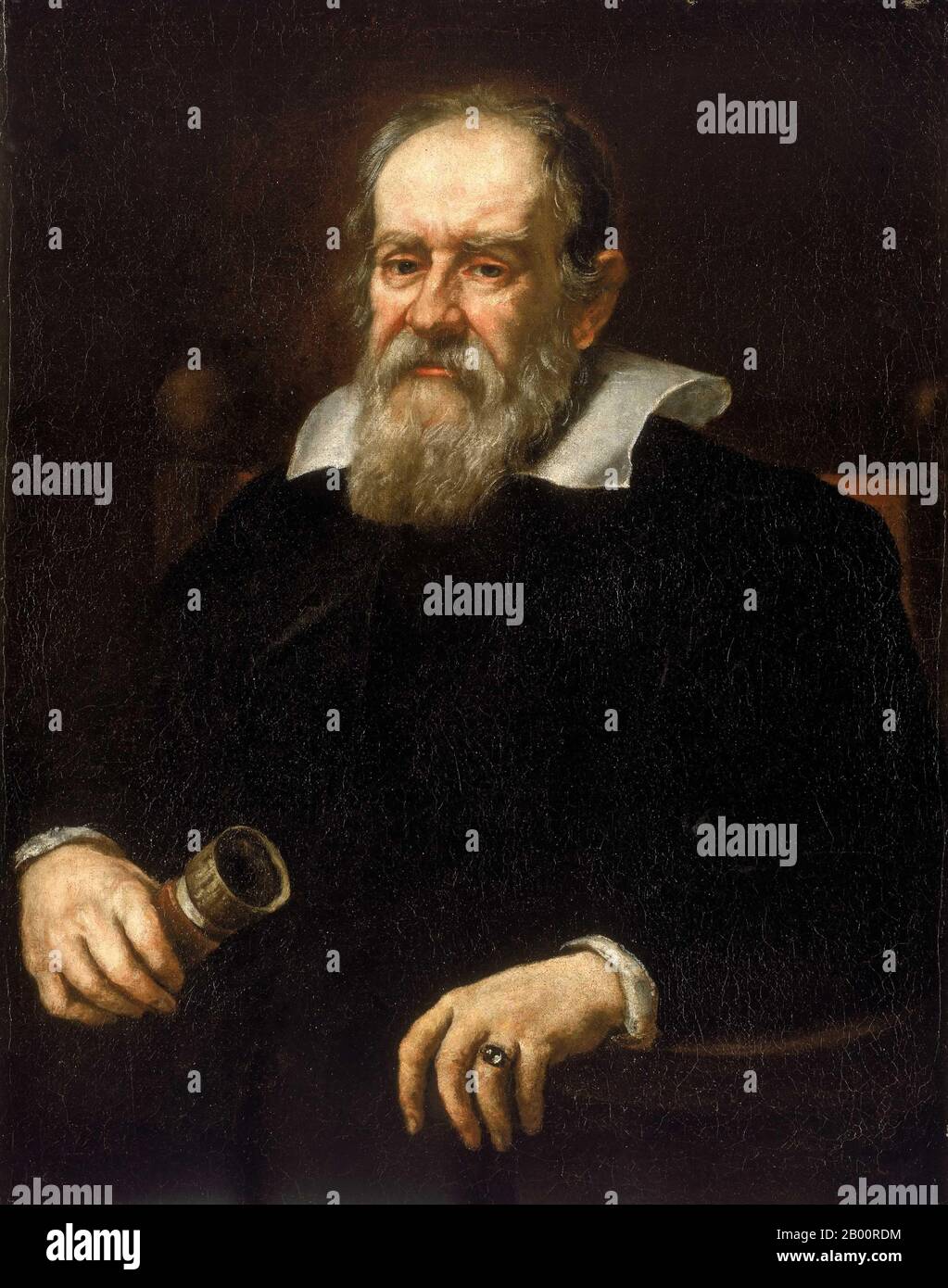 Italia: Ritratto di Galileo Galilei (1564-1642). Olio su tela dipinto di Justus Sustermans (1597-1681), c.. Galileo Galilei Galileo Galilei (15 febbraio 1564 – 8 gennaio 1642) è stato un fisico, matematico, filosofo e astronomo italiano, che ha svolto un ruolo fondamentale nel fondare la scienza moderna in un momento in cui la contraddizione della religione era considerata eresia. 1640 Era come astronomo che era più controverso. Galileo sviluppò telescopi che confermavano le fasi di Venere, e la scoperta dei quattro satelliti più grandi di Giove (chiamati in suo onore le lune galileiane), così come dei punti solari. Foto Stock