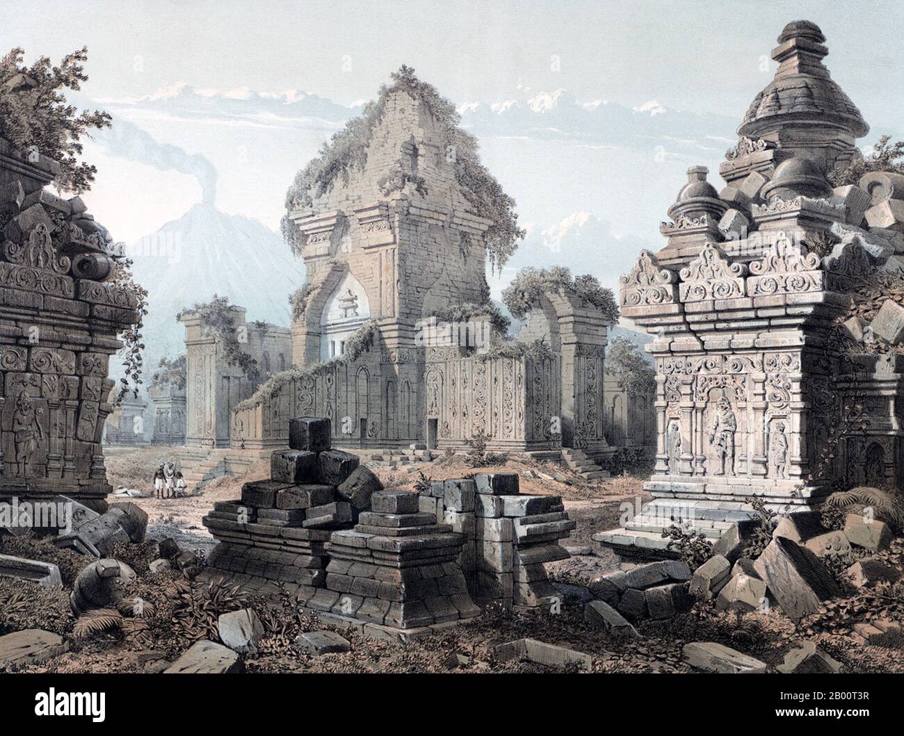 Indonesia: 'Rovine di Prambanan, Giava'. Litografia colorata di Cornelis Springer (1817-1891), 1852. Questa litografia colorata raffigura le rovine del tempio di Prambanan nel centro di Giava, il più grande tempio indù mai costruito in Indonesia e uno dei più grandi del sud-est asiatico. Dedicato al trionfato di Shiva, Brahma e Vishnu, il tempio fu costruito intorno al 850 d.C. dalla dinastia Mataram, ma abbandonato subito dopo la sua costruzione. La dinastia Mataram praticava aspetti sia dell'Induismo che del Buddismo, e il complesso del tempio comprende alcuni dei primi templi buddisti in Indonesia. Foto Stock