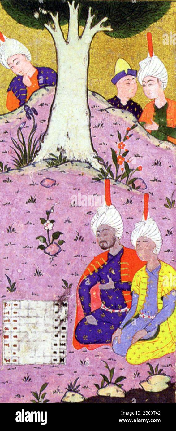 Iran: Un'illustrazione del XVI secolo di una partita a scacchi dell'epica persiana 'Shahnameh'. Il ‘Shahnameh’, o ‘ Cronache del Re’, è un’opera poetica scritta intorno al 1000 d.C. dal poeta persiano Firdawsi. Considerato come il racconto folcloristico nazionale della Persia, lo Shahnameh consiste di circa 60,000 versi e racconta il mitico e storico passato dell'Iran dalla creazione del mondo fino alla conquista islamica della Persia nel VII secolo. Abu'l-Qasim Firdawsī, più comunemente traslitterato come Ferdowsi (o Firdausi), (940–1020) è un poeta persiano molto venerato in tutta l'Iran e il mondo iraniano. Foto Stock