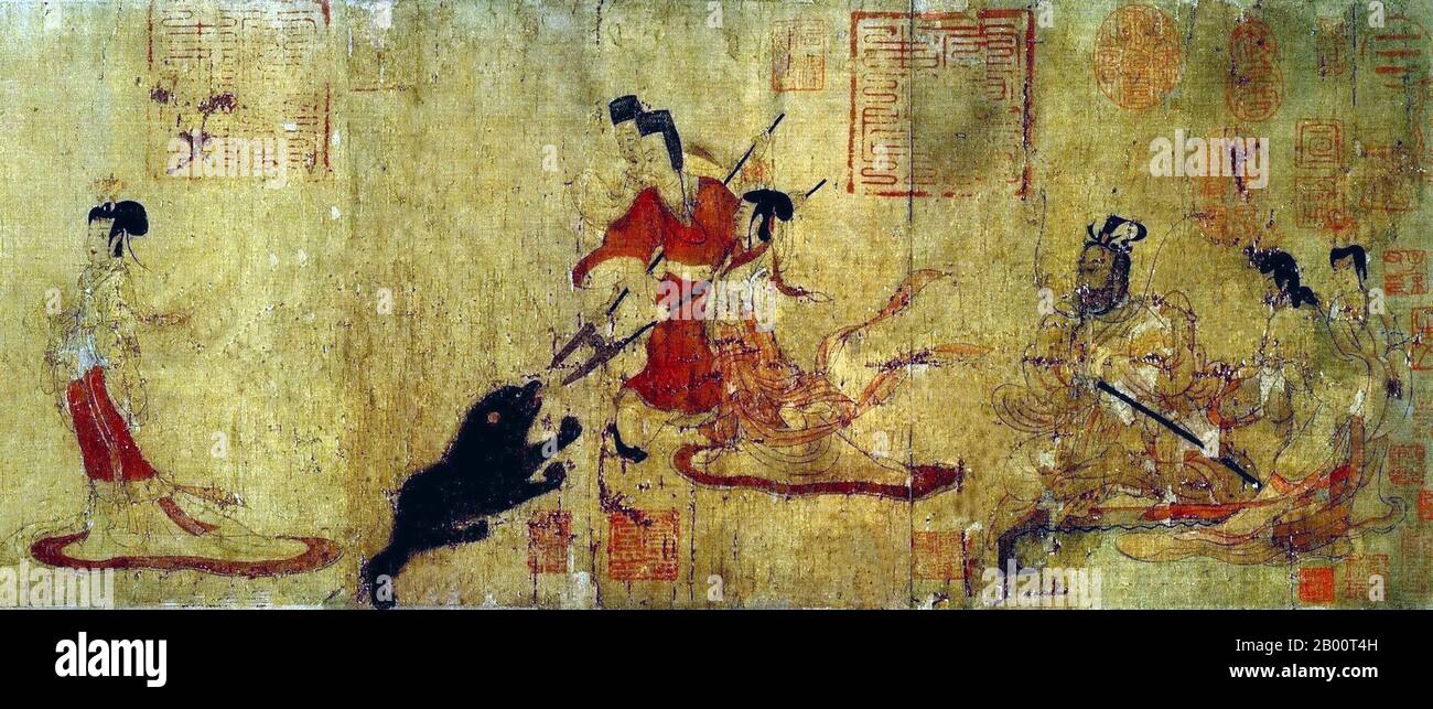 Cina: Il rotolo di Admonizioni, scena 4 - Lady Feng e l'orso (copia del British Museum). Il rotolo di Admonizioni è un dipinto narrativo cinese su seta che è tradizionalmente attribuito a GU Kaizhi (c.345-c.406 CE), ma che la borsa di studio moderna considera come un'opera del V-VIII secolo che può essere una copia di un dipinto originale della dinastia Jin (265-420 CE) di GU Kaizhi. Il titolo completo del dipinto è ammonizioni dell'istruttore di corte (cinese: Nushi Zhentu). Fu dipinto per illustrare un testo poetico scritto nel 292 dal poeta ufficiale Zhang Hua (232–300). Foto Stock