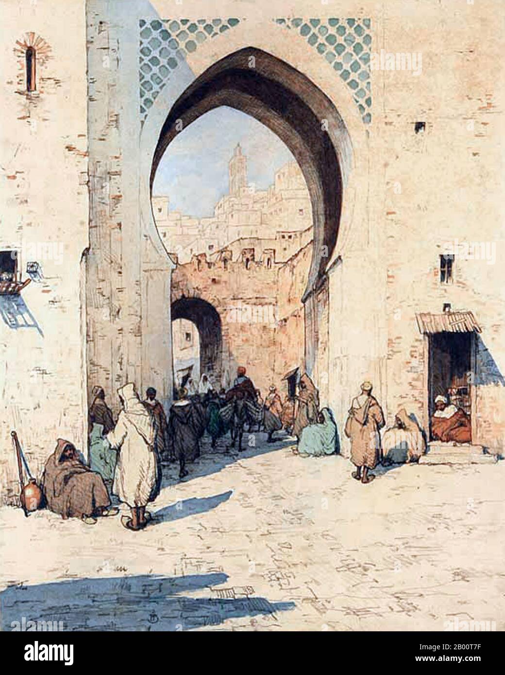 Marocco/Cecoslovacchia: "Porta del quartiere arabo di Tangeri". Dipinto di T. F. Simon (1877-1942), c.. Nel 1920, Tavik Frantisek Simon (1877 – 1942), è stato un . Anche se ha sede principalmente in Europa, i suoi estesi viaggi lo hanno portato in Marocco, Ceylon (ora Sri Lanka), India e Giappone, immagini di tutti i quali appaiono nel suo lavoro artistico. Morì a Praga nel 1942. Ampiamente ignorato durante l'era comunista in Cecoslovacchia, il suo lavoro ha ricevuto più attenzione negli ultimi anni. Foto Stock