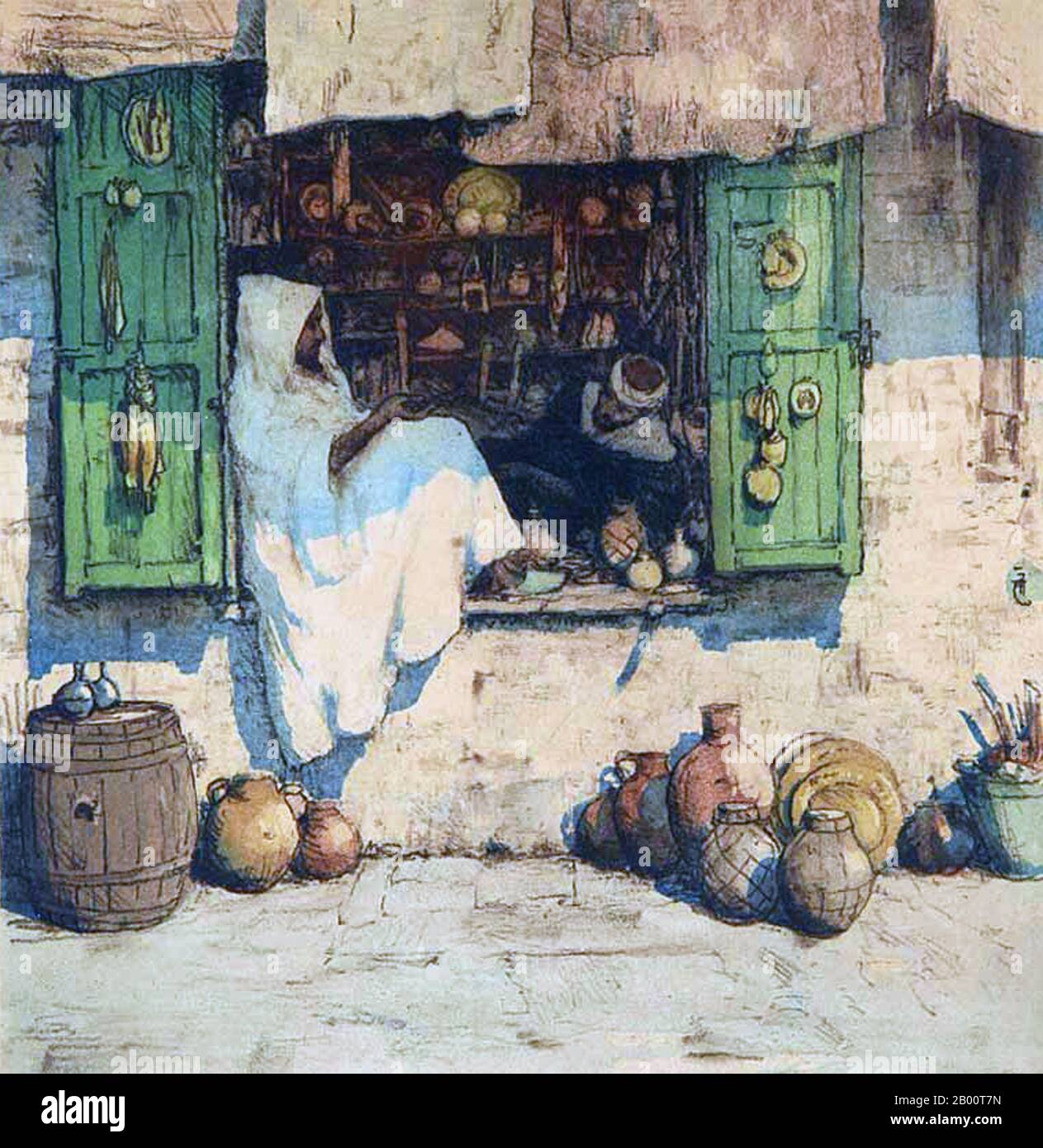 Marocco/Cecoslovacchia: ' Arab Shopkeeper a Burnous, Tangeri'. Dipinto di T. F. Simon (1877-1942), c.. Nel 1920, Tavik Frantisek Simon (1877 – 1942), è stato un . Anche se ha sede principalmente in Europa, i suoi estesi viaggi lo hanno portato in Marocco, Ceylon (ora Sri Lanka), India e Giappone, immagini di tutti i quali appaiono nel suo lavoro artistico. Morì a Praga nel 1942. Ampiamente ignorato durante l'era comunista in Cecoslovacchia, il suo lavoro ha ricevuto più attenzione negli ultimi anni. Foto Stock