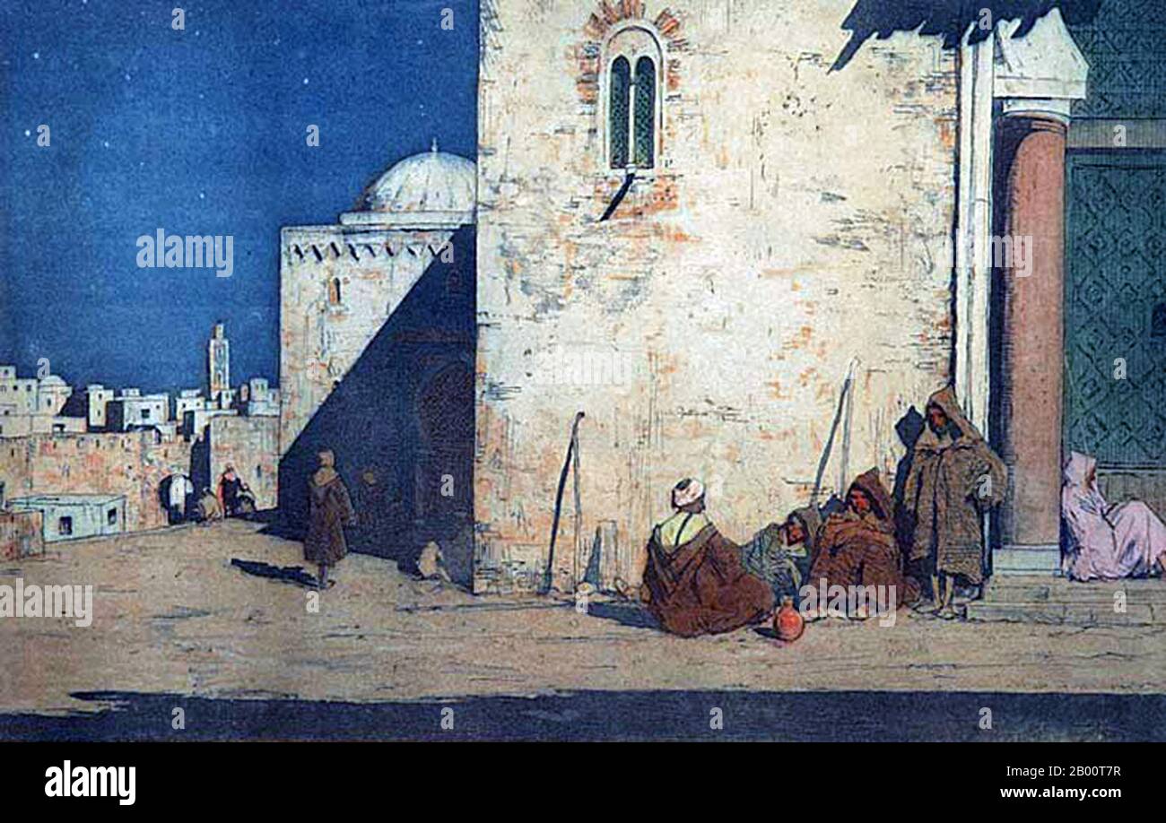 Marocco/Cecoslovacchia: 'Tangeri di notte'. Dipinto di T. F. Simon (1877-1942), c.. Nel 1920, Tavik Frantisek Simon (1877 – 1942), è stato un . Anche se ha sede principalmente in Europa, i suoi estesi viaggi lo hanno portato in Marocco, Ceylon (ora Sri Lanka), India e Giappone, immagini di tutti i quali appaiono nel suo lavoro artistico. Morì a Praga nel 1942. Ampiamente ignorato durante l'era comunista in Cecoslovacchia, il suo lavoro ha ricevuto più attenzione negli ultimi anni. Foto Stock