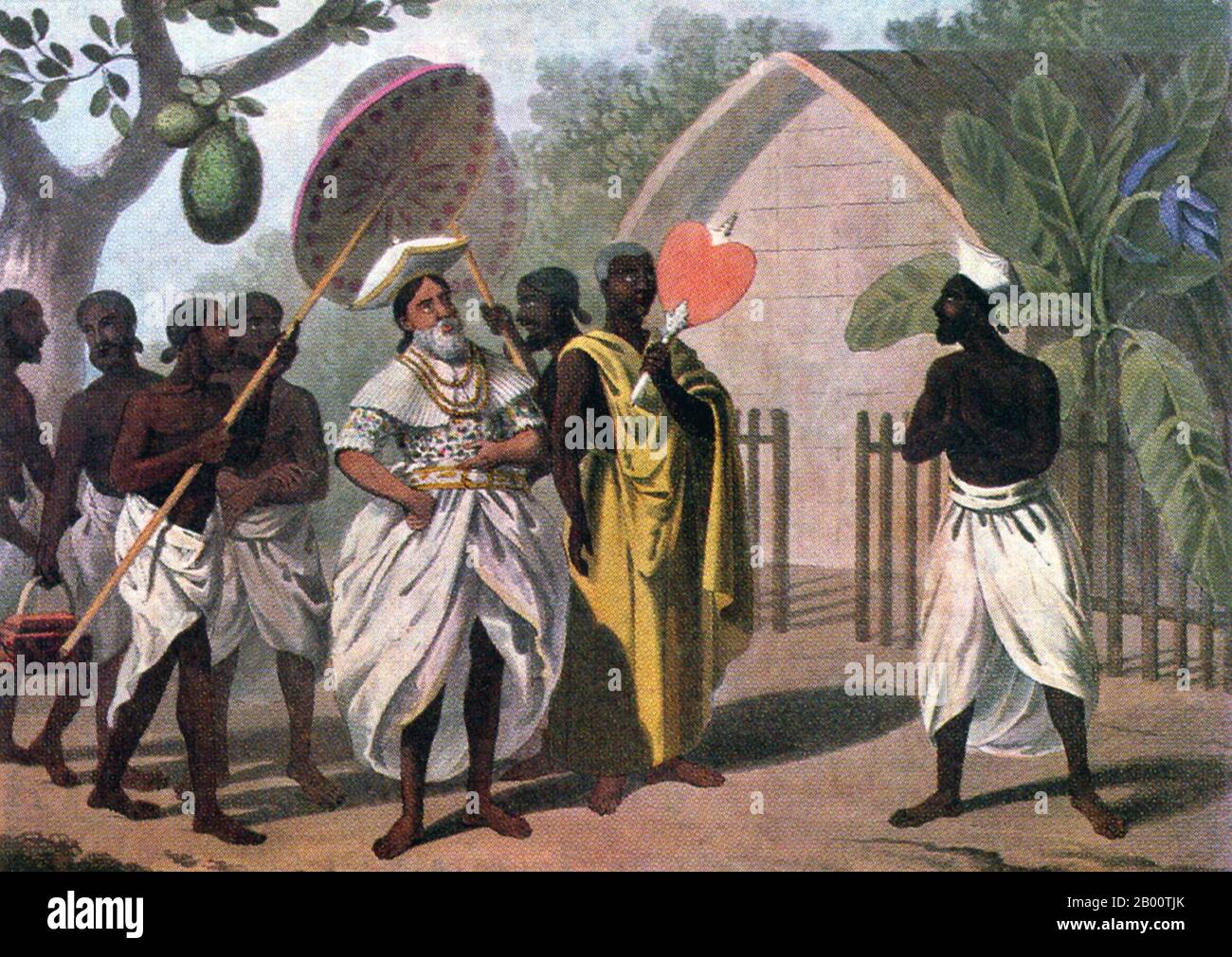 Sri Lanka: 'Un capo Kandyan e un monaco buddista'. Dipinto di John Davy (1790-1868), 1821. Nel 1592 Kandy divenne la capitale dell'ultimo regno indipendente rimasto nello Sri Lanka dopo che le regioni costiere erano state conquistate dai portoghesi. Kandy rimase indipendente fino all'inizio del XIX secolo. Nella seconda guerra del Kandyan, gli inglesi non incontrarono resistenza e raggiunsero la città il 10 febbraio 1815. Il 2 marzo 1815 è stato firmato un trattato noto come Convenzione di Kandyan tra gli inglesi e i Radalas (aristocratici di Kandyan). Con questo trattato, Kandy divenne un protettorato britannico. Foto Stock