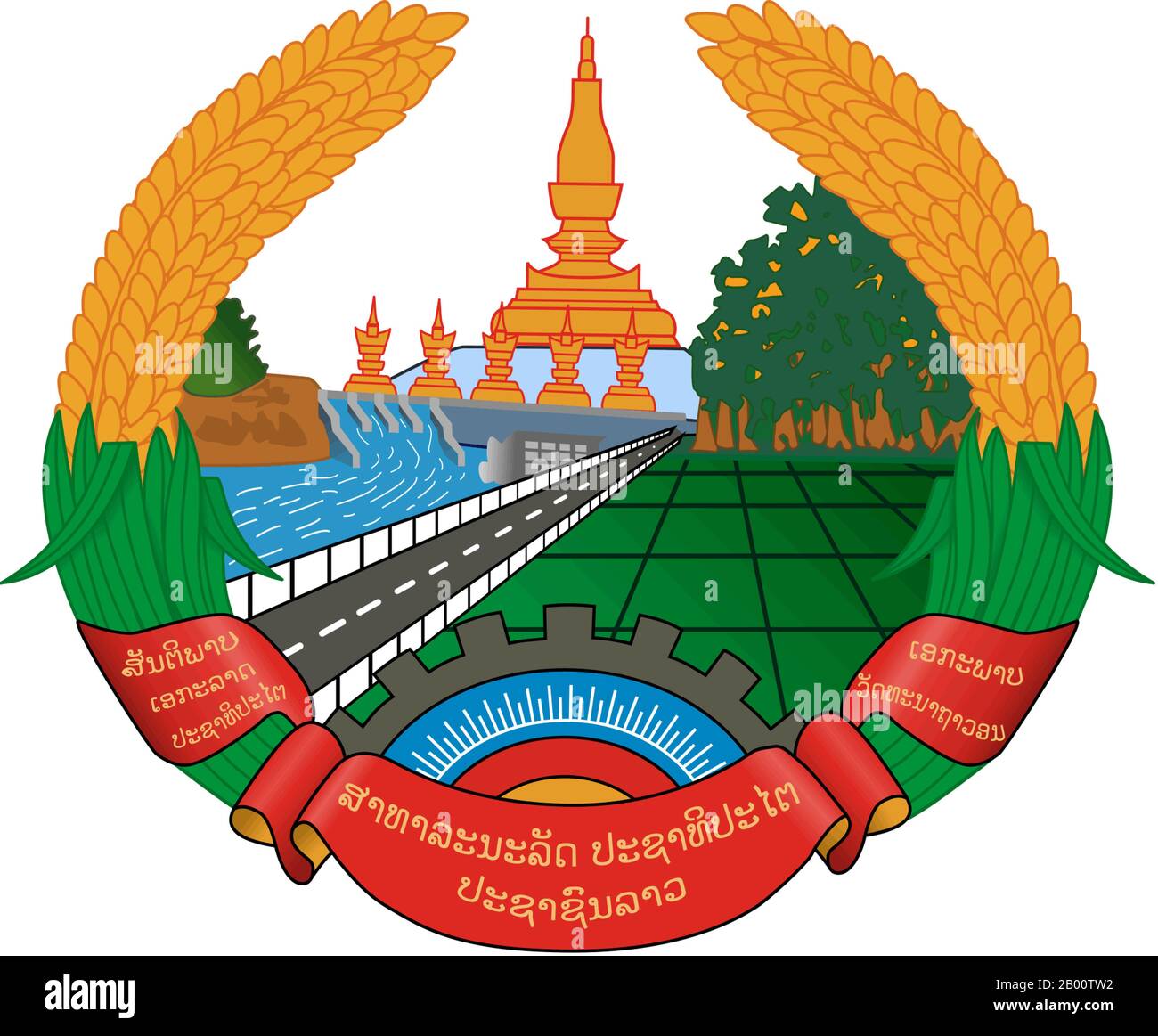 Laos: Stemma della Repubblica Democratica popolare del Laos. Il regno del Laos esisteva dal XIV al XVIII secolo, poi si divise in tre regni separati. Nel 1893 divenne un protettorato francese, con i tre regni, Luang Prabang, Vientiane e Champasak, che si univano per formare quello che ora è conosciuto come Laos. Il paese ottenne per breve tempo l'indipendenza nel 1945 dopo l'occupazione giapponese, ma tornò al dominio francese fino a quando non gli fu concessa l'autonomia nel 1949. Il Laos divenne indipendente nel 1954, con una monarchia costituzionale sotto il re Sisavang Vong; presto però scoppiò una lunga guerra civile. Foto Stock