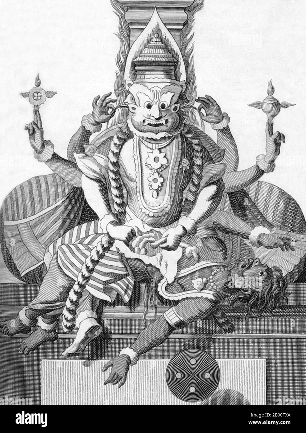 India: 'Quarto Avatar (Incarnazione) di Vishnu come Narasimha, l'uomo leone'. Illustrazione di Pierre Sonnerat (1748-1814), 1782. Pierre Sonnerat (1748-1814) è stato un naturalista ed esploratore francese che ha compiuto diversi viaggi nel sud-est asiatico tra il 1769 e il 1781. Ha pubblicato questo resoconto in due volumi del suo viaggio del 1774-81 nel 1782. Il volume 1 si occupa esclusivamente dell'India, la cui cultura Sonnerat molto ammirata, ed è particolarmente degno di nota per la sua estesa discussione sulla religione in India, in particolare l'Induismo. Il libro è illustrato con incisioni basate sui disegni di Sonnerat. Foto Stock