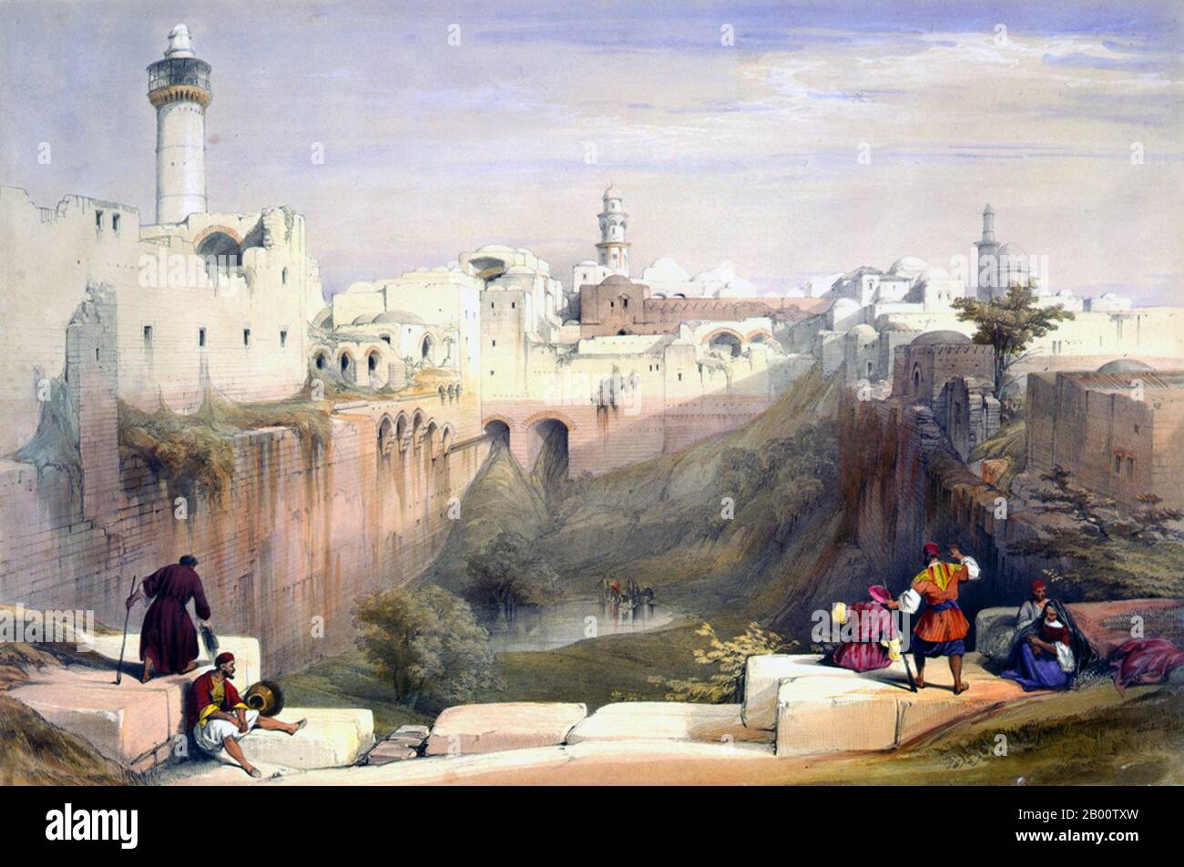 Palestina/Israele: "Il Pool di Bethesda, Gerusalemme". Litografia a colori di David Roberts (1796-1864), c.. David Roberts RA (1864 – 1796 – 1840) è stato un . È particolarmente conosciuto per una serie prolifica di stampe dettagliate dell'Egitto e del Vicino Oriente che ha prodotto durante gli anni '40 del 1840 da schizzi che ha fatto durante i lunghi tour della regione (1838–1840). Questa opera, e i suoi grandi dipinti ad olio di soggetti simili, lo hanno reso un importante pittore orientalista. Fu eletto Accademico reale nel 1841. Foto Stock