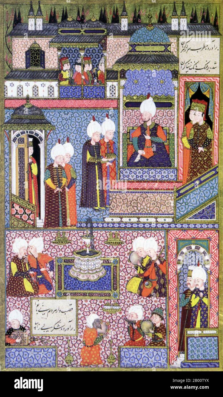 Turchia: 'Sultan Suleyman essere intrattenuto'. Dipinto dal manoscritto illustrato 'Suleymanname' di Arif Celebi, datato 1558. Il Sultano Suleyman i (1494-1566), conosciuto anche come 'Suleyman il magnifico' e 'Suleyman il legislatore', fu il decimo e più lungo sultano regnante dell'impero Ottomano. Condusse personalmente i suoi eserciti a conquistare la Transilvania, il Caspio, gran parte del Medio Oriente e il Maghreb. Ha introdotto riforme radicali nella legislazione turca, nell'istruzione, nella tassazione e nel diritto penale, ed è stato altamente rispettato come poeta e orafo. Foto Stock