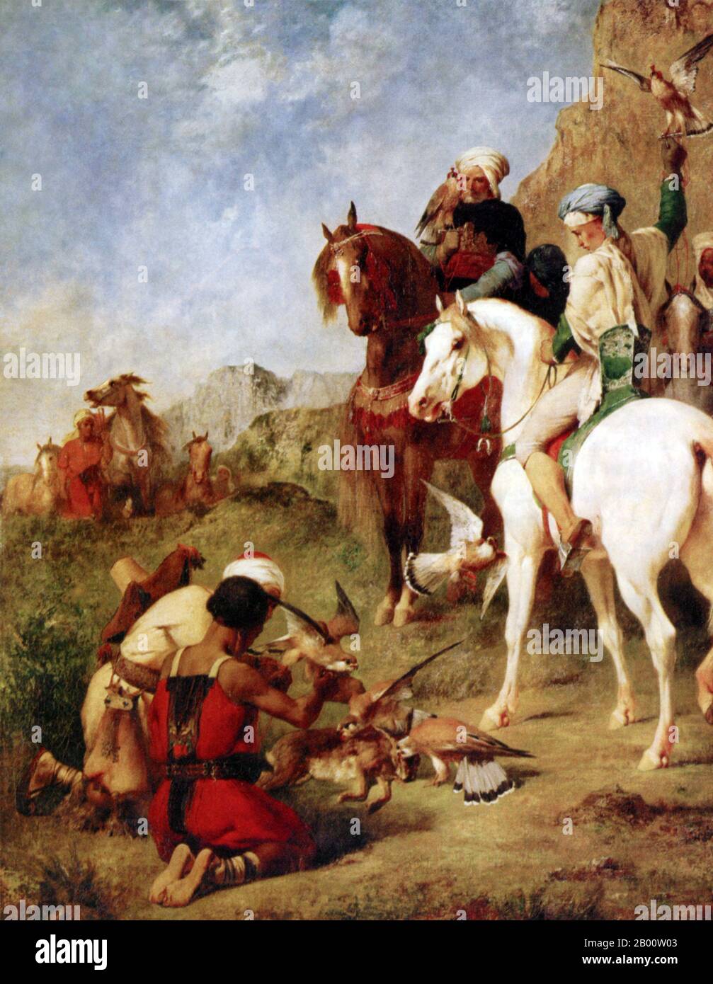 Algeria/Maghreb: ‘i Falconeri’. Olio su tela dipinto di Eugene Fromentin (1820-1876), che mostra anche gli algerini locali su cavalli Barb, 1863. Lo sport della falconeria è stato introdotto in Algeria e nel Maghreb dagli arabi oltre 1,000 anni fa ed è stato un passatempo preferito di regalità e nobiltà. Durante il periodo di espansione araba nel Nord Africa, la cavalleria è stata spesso montata su piccoli cavalli agili chiamati ‘berberi’, o ‘barbe’. Foto Stock