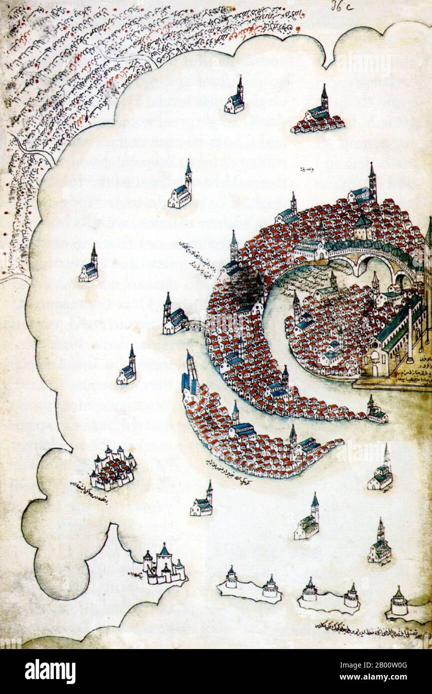 Italia: Un'illustrazione di Venezia agli inizi del XVI secolo dell'ammiraglio e cartografo ottomano Piri Reis (1470-1554), pubblicata nel suo navigatore ‘Kitab-i-Bahriye’ (Libro di Sea Lore). Per secoli Venezia è stata il primo partner commerciale dell’Europa con il Medio Oriente e l’Impero bizantino in particolare. La potenza navale e commerciale veneziana era impareggiabile in Europa fino a quando non perse una serie di guerre agli eserciti ottomani nel 15 ° secolo. La città perse circa 50,000 persone per la morte Nera nel 1575-77, ma rimase un importante centro di produzione e porto nel 18 ° secolo. Foto Stock