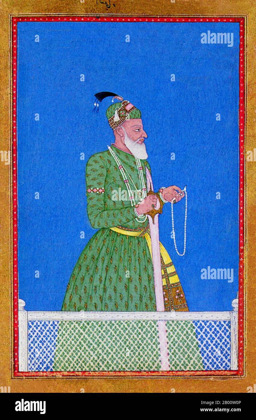 India: Un dipinto in miniatura di Mir Qamar-ud-DIN Siddiqi, il fondatore dei Nizams, ornato in perle. I Nizam erano i governanti di Hyderabad sotto la dinastia Asaf Jahi da c. 1719 fino alla sua integrazione nell'Unione indiana nel settembre 1948 in seguito all'indipendenza dai britannici. I Nizams erano rinomati come grandi patroni della letteratura, dell'arte, dell'architettura, della cultura, della collezione di gioielli e del cibo ricco. Foto Stock