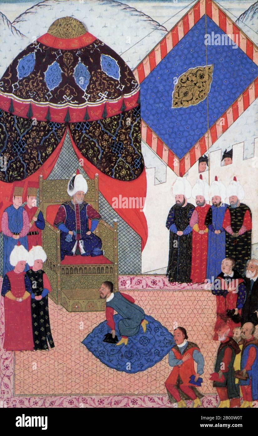 Turchia: 'Sultan Suleyman Receiving Stephen Zapolya', dal manoscritto illuminato 'Nuzhet El-Esrar el-Ahbar der Sefer-i-Sigetvar' di Ahmed Feridun Pasa, datato 1568-9. Il Sultano Suleyman i (1494-1566), conosciuto anche come 'Suleyman il magnifico' e 'Suleyman il legislatore', fu il decimo e più lungo sultano regnante dell'impero Ottomano. Condusse personalmente i suoi eserciti a conquistare la Transilvania, il Caspio, gran parte del Medio Oriente e il Maghreb. In questo dipinto riceve Stephen Zapolya, il re d'Ungheria. A 72 anni, Suleyman è raffigurato come vecchio e debole, un'aria di solennità che permea la scena. Foto Stock