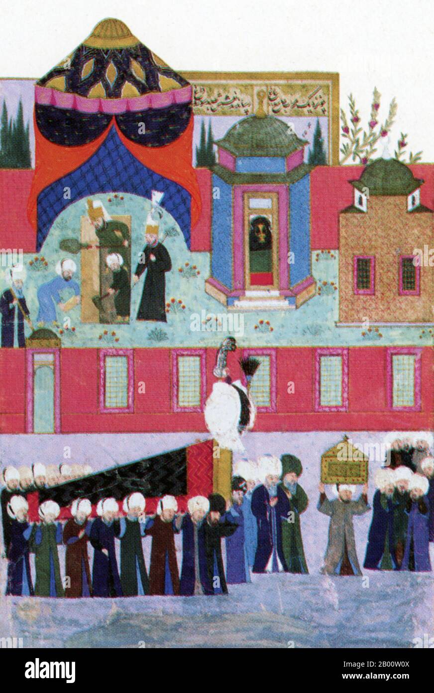 Turchia: 'Sepoltura del sultano Suleyman', un dipinto del 1579-80 dal manoscritto 'Tarih-i Sultan Suleyman' di Seyyid Lokman (1569-1596), che mostra la bara di Suleyman che viene portata nella sua tomba dietro la moschea di Suleyman. Il Sultano Suleyman i (1494-1566), conosciuto anche come 'Suleyman il magnifico' e 'Suleyman il legislatore', fu il decimo e più lungo sultano regnante dell'impero Ottomano. Condusse personalmente i suoi eserciti a conquistare la Transilvania, il Caspio, gran parte del Medio Oriente e il Maghreb. Ha introdotto riforme radicali nella legislazione turca, nell'istruzione, nella fiscalità e nel diritto penale. Foto Stock