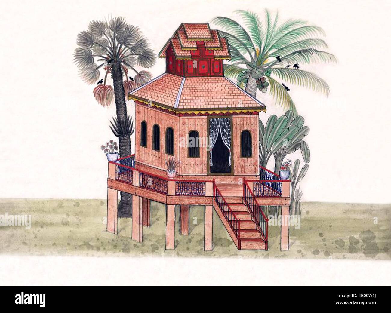 Birmania/Myanmar: Hpong-Gyee Kyong, un monastero. Questo dipinto, di un artista birmano sconosciuto, è tratto da un album di acquerello risalente al 1897 circa che comprende illustrazioni di monaci buddisti, il Buddha, monasteri, cremazioni e scene domestiche. La leggenda attribuisce la prima dottrina buddista in Birmania al 228 a.C. quando Sohn Utttar Sthavira, uno dei monaci reali dell'imperatore Ashoka il Grande dell'India, venne nel paese con altri monaci e testi sacri. Tuttavia, l'era del Buddismo iniziò veramente nell'XI secolo dopo che il Re Anawrahta di Pagan (Bagan) fu convertito al Buddismo Theravada. Foto Stock