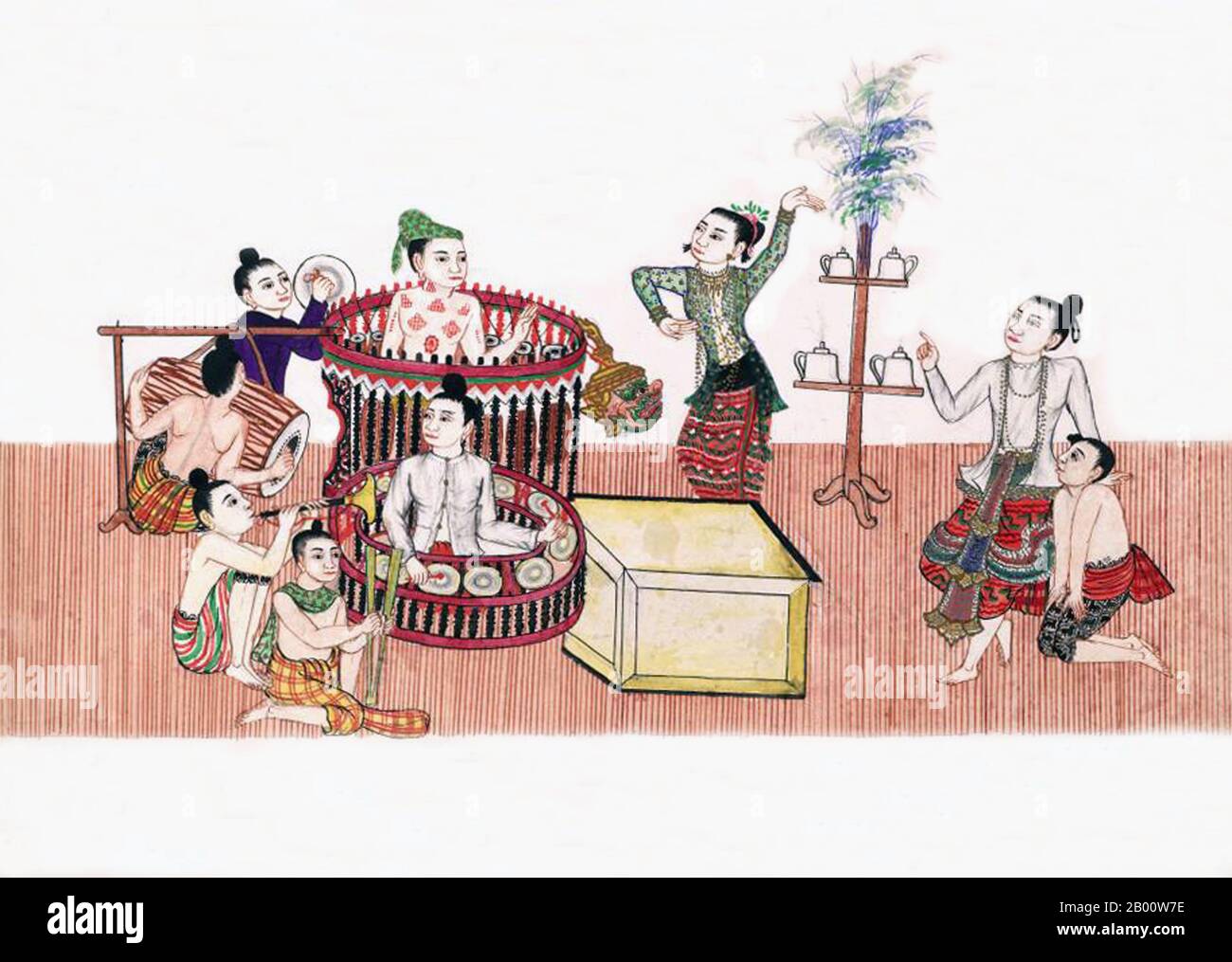 Birmania/Myanmar: Zat Pwe - Drama birmano. Questo dipinto, di un artista birmano sconosciuto, è tratto da un album di acquerello risalente al 1897 circa che comprende illustrazioni di monaci buddisti, il Buddha, monasteri, cremazioni e scene domestiche. La leggenda attribuisce la prima dottrina buddista in Birmania al 228 a.C. quando Sohn Utttar Sthavira, uno dei monaci reali dell'imperatore Ashoka il Grande dell'India, venne nel paese con altri monaci e testi sacri. Tuttavia, l'era del Buddismo iniziò veramente nell'XI secolo dopo che il Re Anawrahta di Pagan (Bagan) fu convertito al Buddismo Theravada. Foto Stock