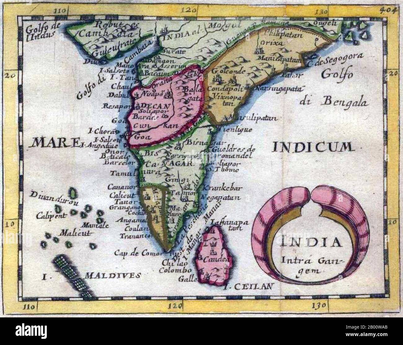India: 'India Intra-Gangem', una mappa in miniatura delle coste di Malabar e Coromandel, tratta da 'Geographiae Universalis' di Pierre Duval, 1679. Nell'uso classico, 'India Intra Gangem' si riferisce al Sud Asia ad ovest del Gange, mentre 'India Extra Gangem' si riferisce al Sud-est asiatico peninsulare. Foto Stock