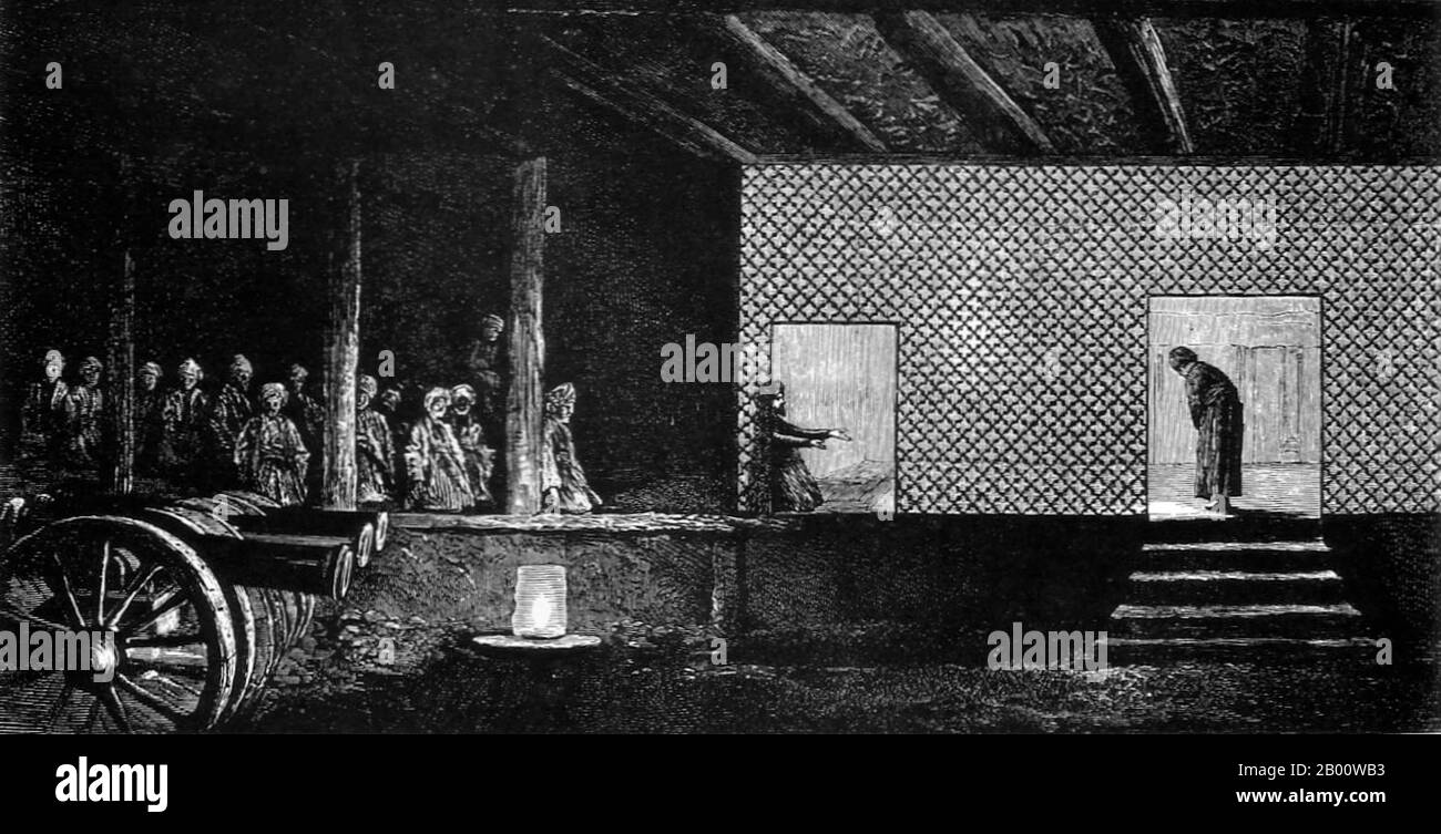 Cina: Intervista notturna a Muhammad Yaqub Beg, Amir di Kashgar (1867-77). Illustrazione di Robert B. Shaw (fl. 19 ° secolo), 1871. Muhammad Yaqub Beg era un avventuriero tagico che divenne capo del regno di breve durata del Kashgaria nella provincia cinese di Xinjiang. Foto Stock