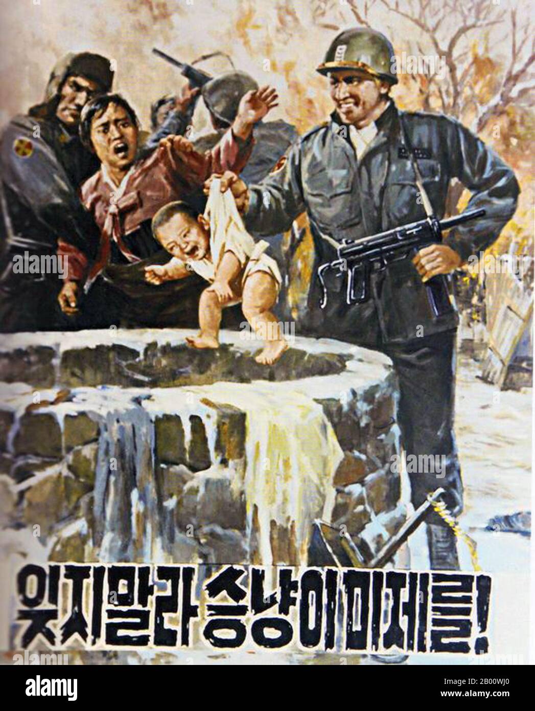 Corea: Manifesto della propaganda nordcoreana (DPRK): Non dimenticate mai i crimini degli imperialisti americani! Il realismo socialista è uno stile di arte realistica che si è sviluppato sotto il socialismo nell'Unione Sovietica ed è diventato uno stile dominante in altri paesi comunisti. Il realismo socialista è uno stile teleologicamente orientato che ha come scopo la promozione degli obiettivi del socialismo e del comunismo. Sebbene correlata, non va confusa con il realismo sociale, un tipo di arte che raffigura realisticamente argomenti di interesse sociale. Foto Stock