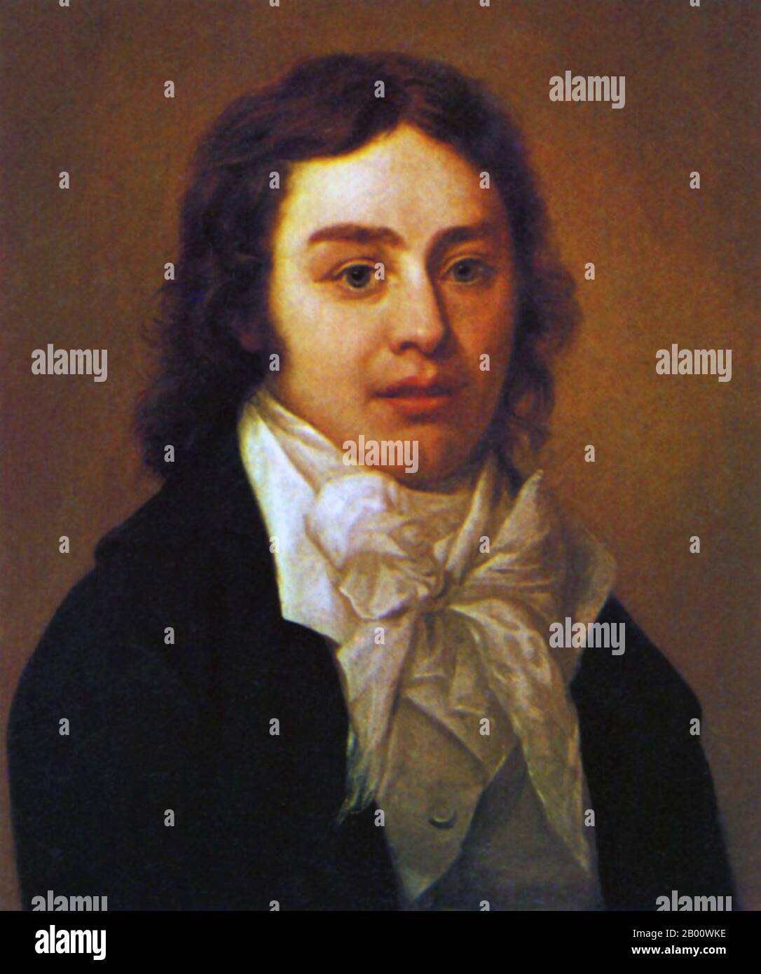 Inghilterra: 'Ritratto di Samuel Taylor Coleridge (1772-1834)'. Olio su tela dipinto di Peter Vandyke (1729-1799), 1795. Un ritratto del filosofo e poeta inglese Samuel Taylor Coleridge (1772–1834), più famoso per le sue poesie The Rime of the Ancient Mariner e Kubla Khan. Coleridge era un membro dei Poeti del lago che, con il suo amico William Wordsworth, fondò il movimento romantico in Inghilterra. Ha anche contribuito a introdurre l'idealismo tedesco nella cultura di lingua inglese ed è stato influente sul trascendentalismo americano (via Ralph Waldo Emerson). Foto Stock