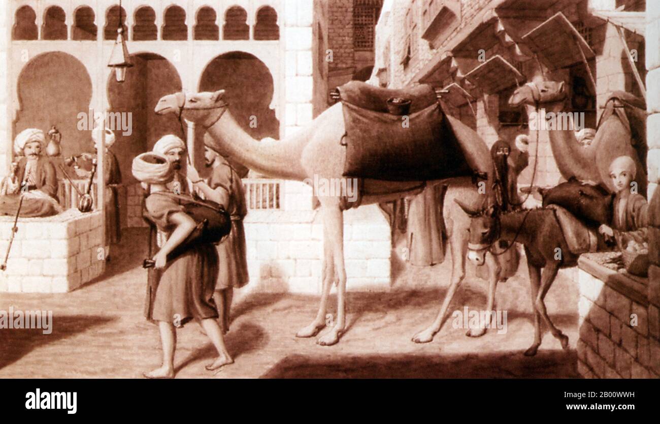 Egitto: Uno schizzo di Edward W. Lane (1801-1876) che raffigura una scena del bazar Khan al-Khalili al Cairo. La corsia si è inclusa (all'estrema sinistra, con il tubo del narghilè) nel disegno. Edward William Lane (1801-1876) è stato un orientalista britannico, traduttore e studioso arabo che visse nel Cairo ottomano dal 1825 al 28. Così affascinato fu con l'Egitto, si vestì come un turco ottomano e passò molto tempo a disegnare le strade secondarie del Cairo. Al suo ritorno in Inghilterra tradusse il romanzo ‘notti arabe’ [‘1001 notti’] e le ‘Selezioni del Corano’. Foto Stock