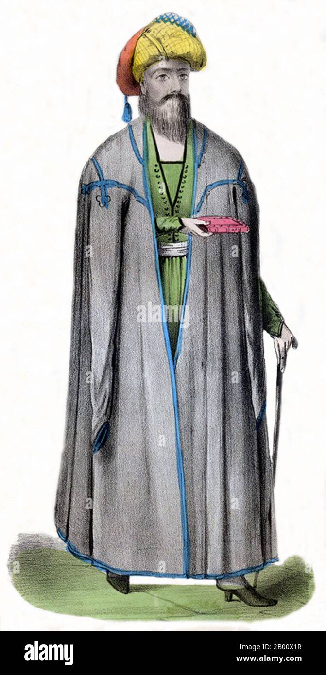 Iran: Mar Elias (Eliya), vescovo nestoriano del villaggio di Geogtapa, nella pianura di Urmia. Illustrazione di Justin Perkins (1805-1869), c. 1831. Il Nestorianesimo è una dottrina cristologica avanzata da Nestorius, Patriarca di Costantinopoli dal 428 al 431. Nestorio e i suoi insegnamenti furono infine condannati come eretici al primo Concilio di Efeso nel 431 e al Concilio di Calcedonia nel 451, portando allo Schismo Nestoriano in cui le chiese che sostenevano il Nestorio si ruppe con il resto della Chiesa cristiana. Successivamente molti dei sostenitori di Nestorius si sono ricollocati a Sassanid Persia. Foto Stock
