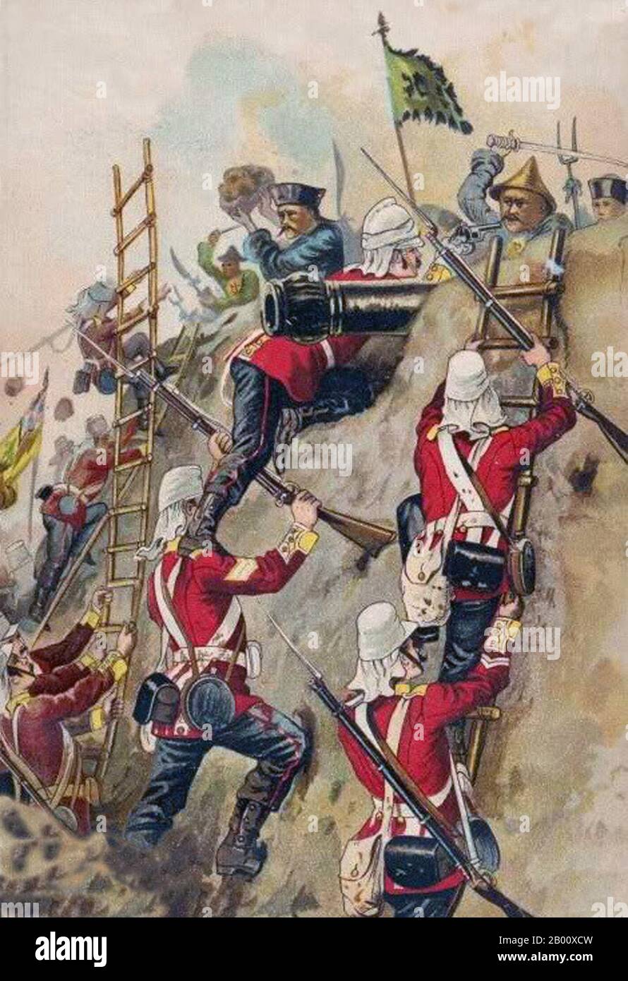 Cina/Regno Unito: La seconda guerra dell'Opium - i britannici 67a piedi prendendo un forte nel 1860. Il sessantasettesimo reggimento di piede (South Hampshire) fu un reggimento di fanteria dell'esercito britannico, formato nel 1758 e amalgamato nel reggimento dell'Hampshire nel 1881. La seconda guerra dell'Opium, la seconda guerra anglo-cinese, la seconda guerra della Cina, la guerra della freccia, o la spedizione anglo-francese in Cina, fu una guerra che vessò l'Impero britannico e il secondo impero francese contro la dinastia Qing della Cina, che durò dal 1856 al 1860. Foto Stock