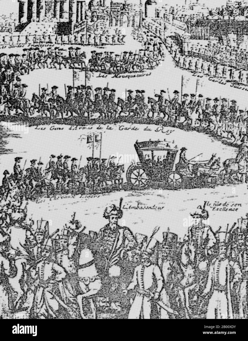Francia/Turchia: Un'incisione francese raffigurante la processione che segna l'arrivo nel marzo 1721 del primo ambasciatore ottomano in Francia, Mehmet Efendi, e il suo entourage per le strade di Parigi. Yirmisekiz Celebi Mehmet Efendi fu un ispettore militare degli eserciti ottomani che divenne diplomatico e fu selezionato dal sultano Ahmed III come primo ambasciatore dell'impero nella Francia di Loius XV. Fu anche poeta che scriveva con il nome di penna ‘Faizi’. Ha scritto un interessante resoconto delle sue esperienze in Francia nel libro turco dei viaggi diplomatici, ‘Sefaretname’. Foto Stock