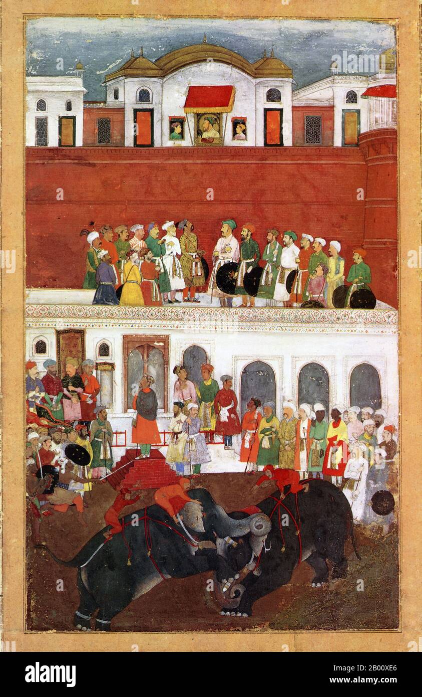 India: Un dipinto in miniatura di Shah Jahan il magnifico e due dei suoi figli guardando dalle finestre come elefanti battaglia nel cortile del Forte Rosso a Delhi, c.. Shahab-ud-din Muhammad Khurram Shah Jahan i (1592–1666) fu imperatore dell'Impero Mughal in India dal 1628 al 1658. 1650 Il nome Shah Jahan deriva dal significato persiano ‘re del mondo’. Fu il quinto dominatore di Mughal dopo Babur, Humayun, Akbar e Jahangir. Mentre era giovane, era un favorito del suo nonno leggendario Akbar il Grande. Foto Stock