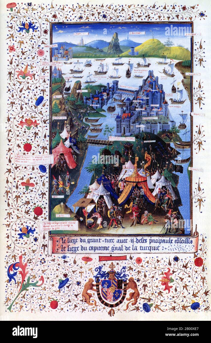 Turchia: Assedio di Costantinopoli (1453). Il campo del sultano Mehmet II fuori Costantinopoli, tratto da un manoscritto francese di Jean le Tavernier (-1462), c.. 1455 Costantinopoli, capitale dell'Impero bizantino di Costantino XI, fu catturata dal sultano Mehmet II e dai suoi eserciti ottomani dopo un assedio di sette settimane. Mehmet aveva esercitato pressioni su Costantinopoli e sui bizantini costruendo forti lungo i Dardanelli. Il 5 aprile, assediò Costantinopoli con un esercito di 80,000 a 200,000 uomini. Foto Stock