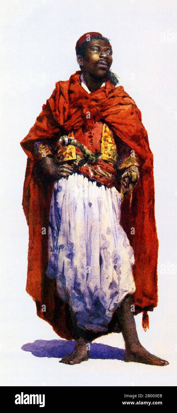 Maghreb: ‘uomo del Nord Africa in costume da viaggio’. Dipinto ad acquerello di William Wiehe Collins (1862-1951), c. 1900-1910. William Wiehe Collins (1862 - 1951) è stato un pittore di paesaggi, figure e soggetti architettonici, e scene navali. Ha studiato alla Lambeth School of Art, 1884-85, e all'Academie Julian, Parigi, Francia. Collins ha esposto alla Royal Academy dal 1890, e altre gallerie di Londra. Fu eletto membro del Royal Institute of Painters in Watercolours nel 1898. Foto Stock