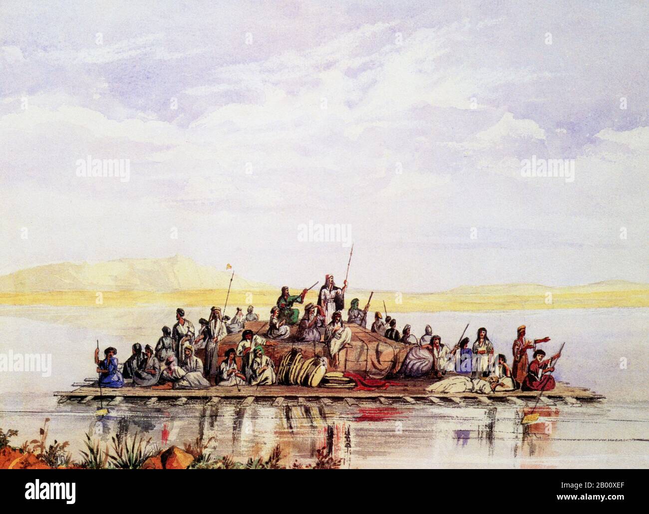 Iraq: ‘Raft che trasporta il toro alato a Baghdad'. Dipinto ad acquerello di Frederick Charles Cooper (1819-1883), 1849-1850. Dopo aver scavato le rovine di Babilonia e Ninive, e scoperto innumerevoli manufatti che erano stati indisturbati per circa 2,730 anni, il British Museum dovette poi trasportare i tesori in Inghilterra. Lo fecero galleggiandoli su zattere di legno, che erano supportate da pecore gonfie e pelli di capra, a Basra dove la marina britannica era a portata di mano per caricarli sulle navi. In questo acquerello, una zattera che porta una statua di un toro alato assiro è galleggiato lungo il fiume Tigris. Foto Stock