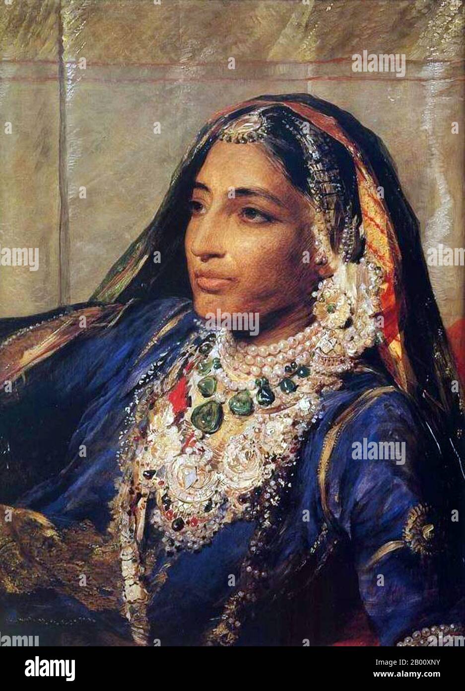 India: Ritratto di Maharani Jind Kaur (1817-1863). Olio su tela dipinto di George Richmond (1809-1896), 1863. Maharani Jind Kaur (1817-1863), conosciuto anche come Rani Jindan. Era la moglie più giovane di Maharajah Ranjit Singh e la madre dell'ultimo imperatore Sikh, Maharajah Duleep Singh. Nel 1845 divenne Reggente di Punjab per Duleep Singh, la Regina Madre (o mai) dell'ultimo Sikh sovrano del Punjab. Era rinomata per la sua grande bellezza e il suo fascino personale, insieme alla sua forza di volontà e opposizione all'imperialismo britannico in India. Foto Stock